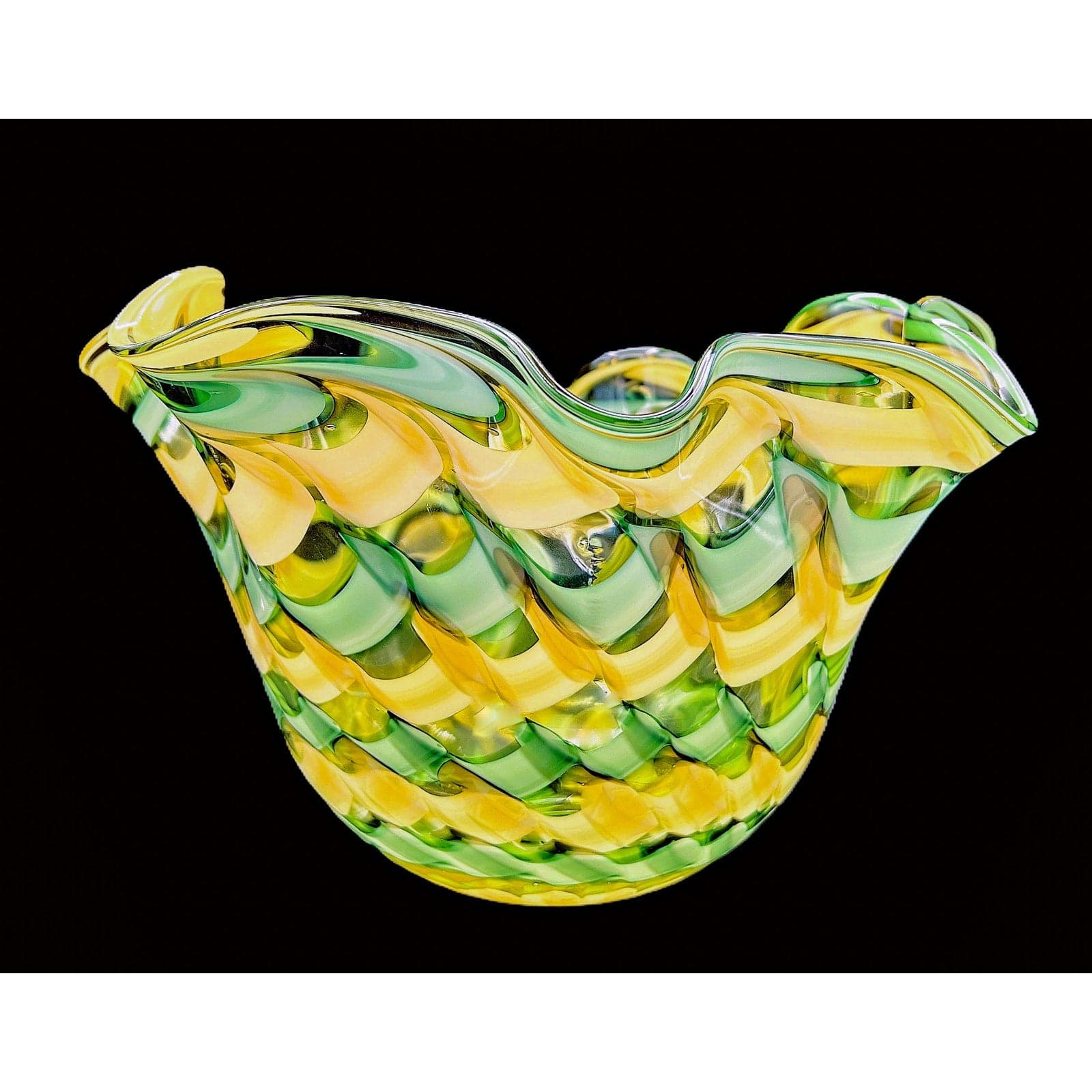 Handblown Midcentury Handkerchief Glass Bowl With Yellow & Green Ribbon Design - Thumbnail 2