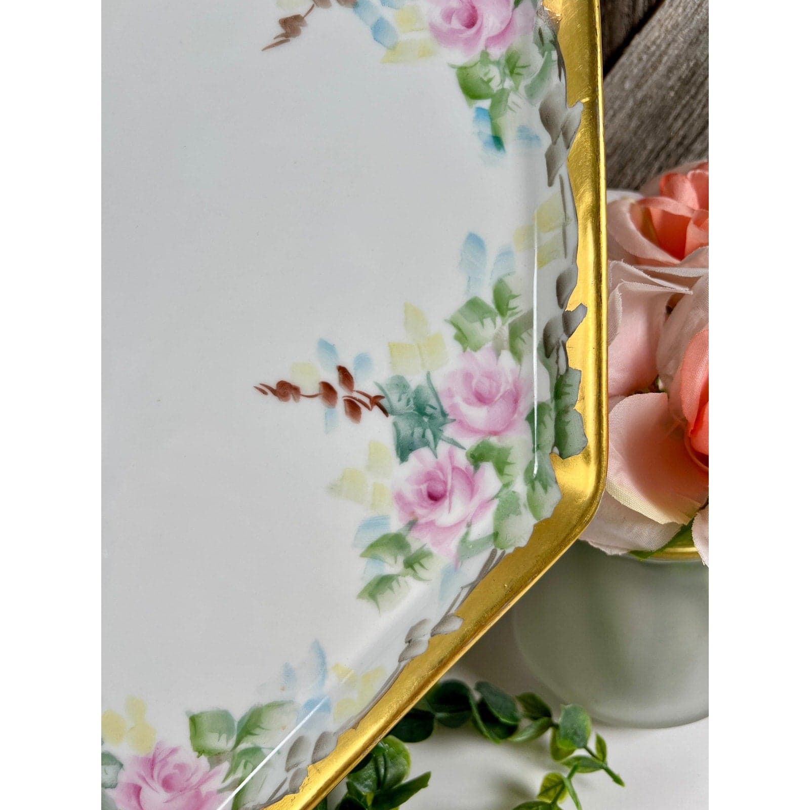 Antique Bernardaud Limoges Pink Rose 15.5 Inch Octagonal Porcelain Platter - Thumbnail 3