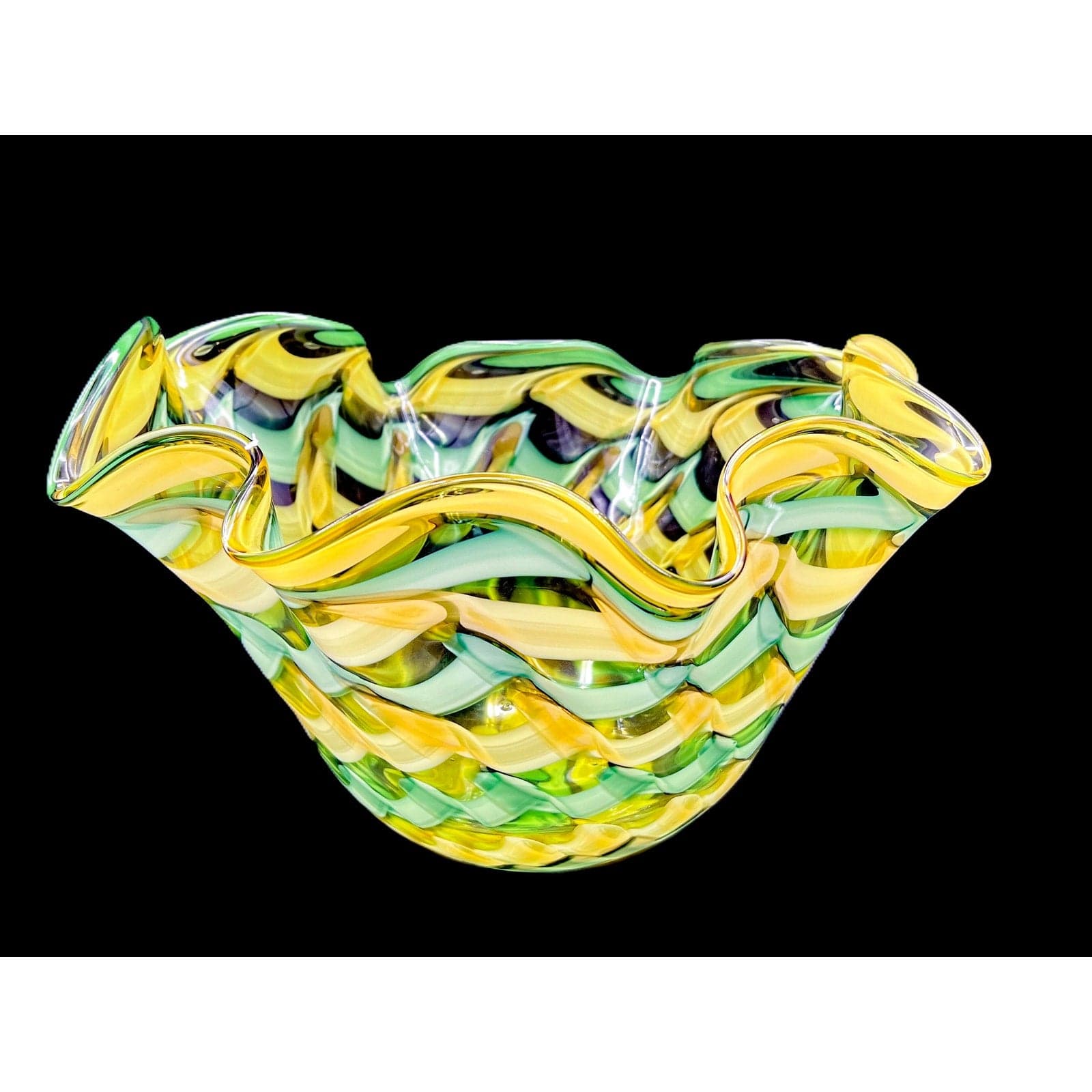 Handblown Midcentury Handkerchief Glass Bowl With Yellow & Green Ribbon Design - Thumbnail 7