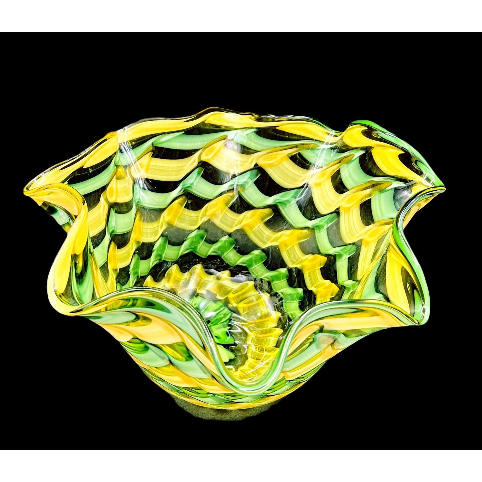 Handblown Midcentury Handkerchief Glass Bowl With Yellow & Green Ribbon Design - Thumbnail 4