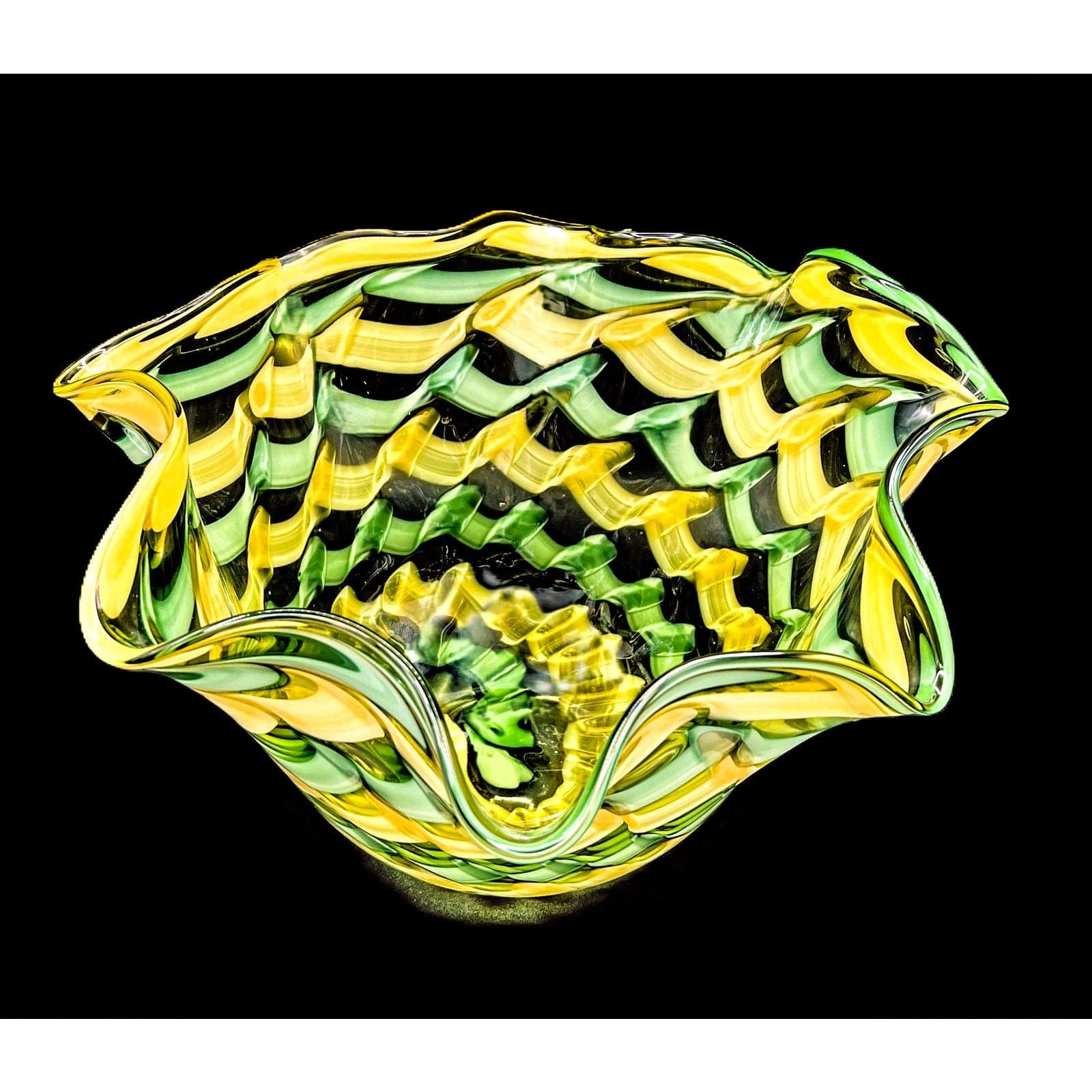 Handblown Midcentury Handkerchief Glass Bowl With Yellow & Green Ribbon Design - Thumbnail 3