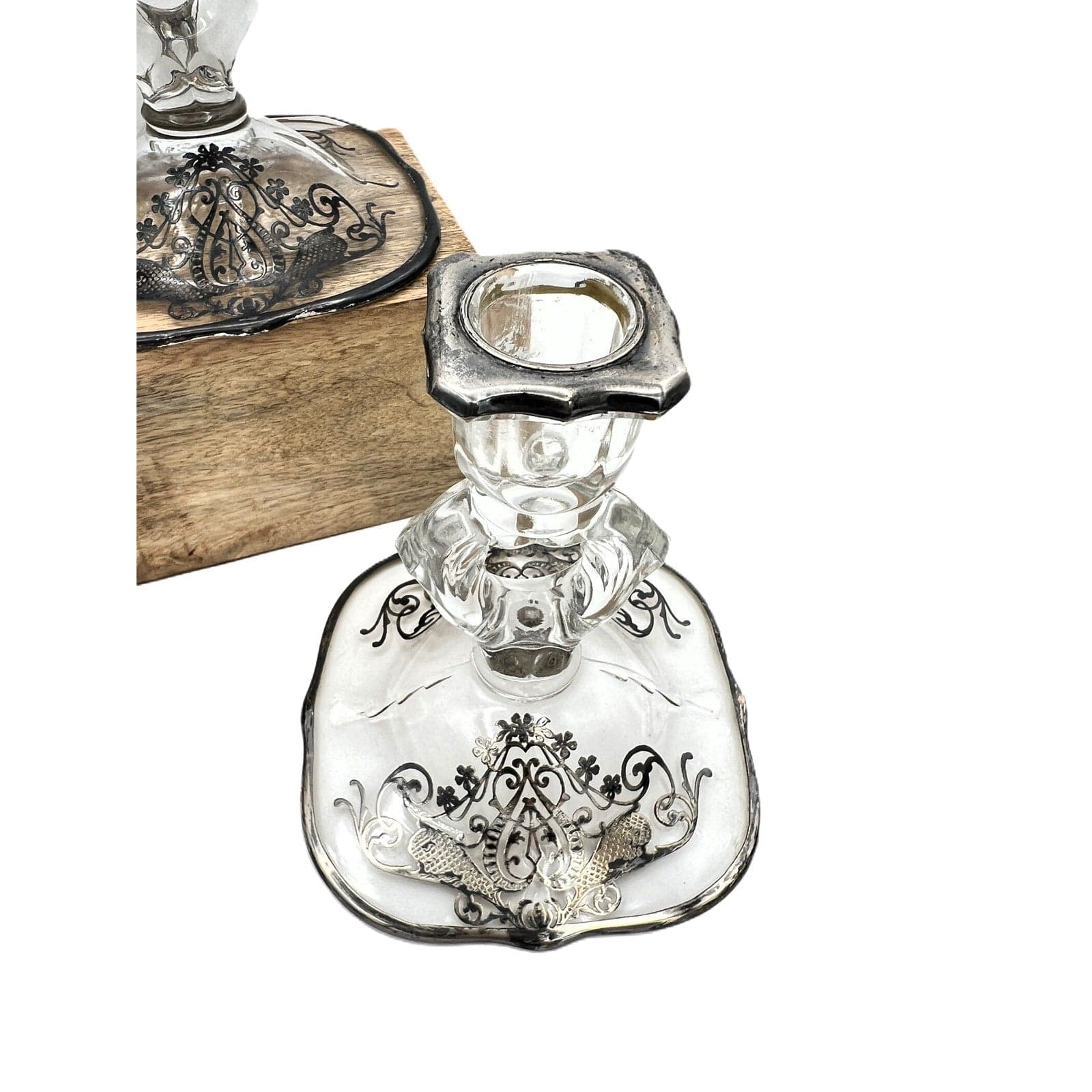 Vintage Cambridge Keyhole Silver Overlay Glass Candlestick - Thumbnail 7