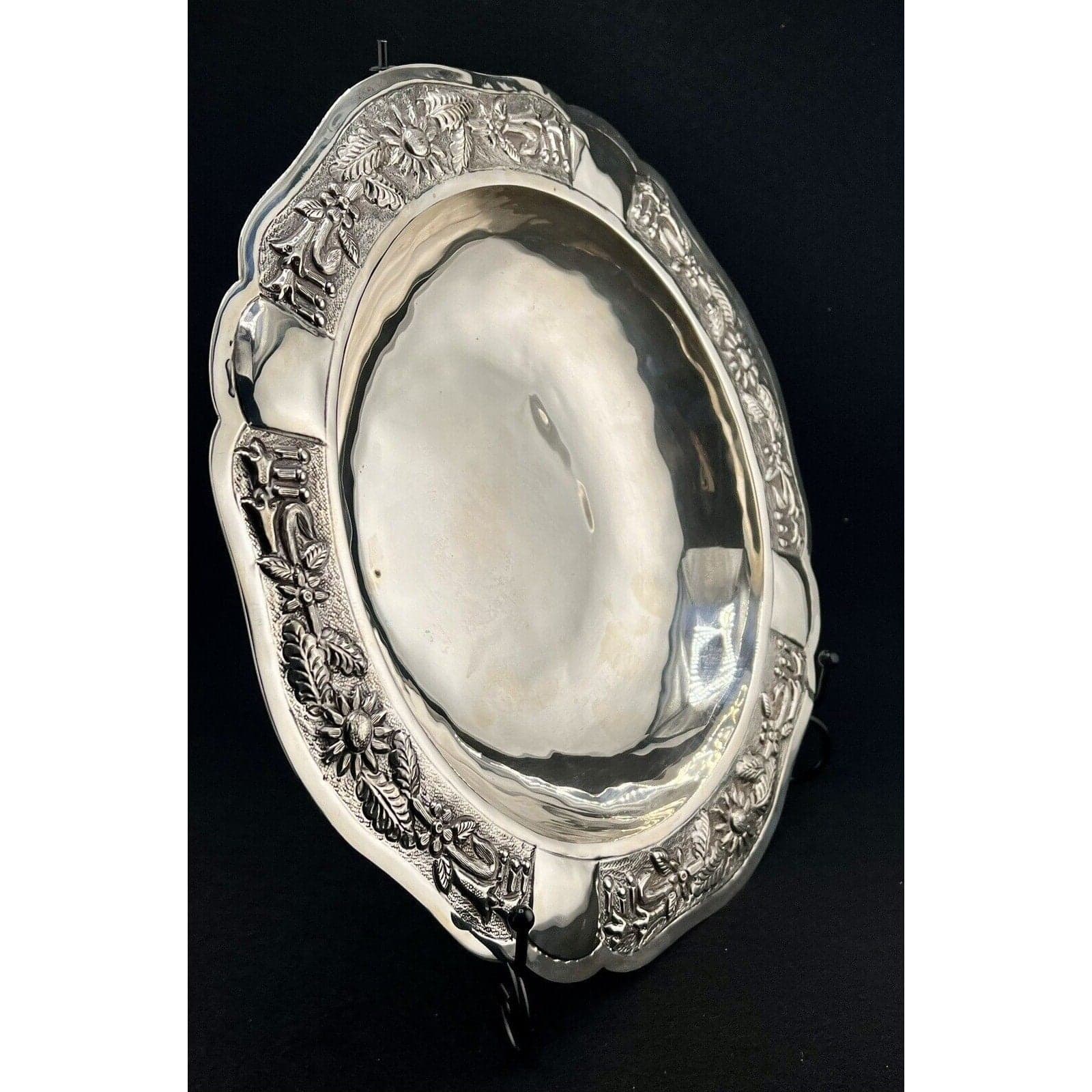 Maciel Sterling Silver Serving Bowl Floral Repoussé Mexico 0.925 Large Round Bowl