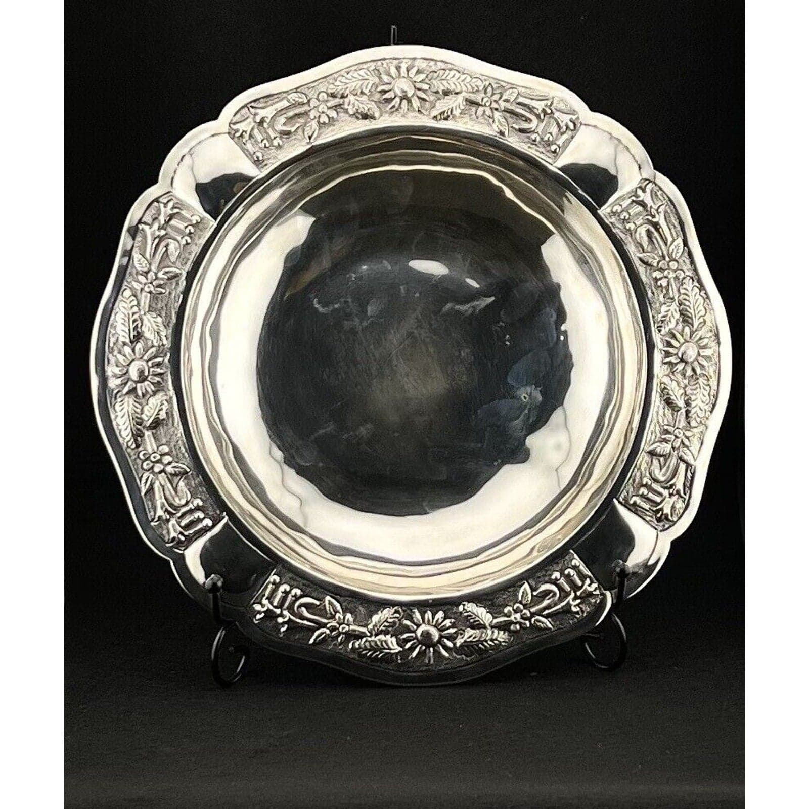 Maciel Sterling Silver Serving Bowl Floral Repoussé Mexico 0.925 Large Round Bowl - Thumbnail 3