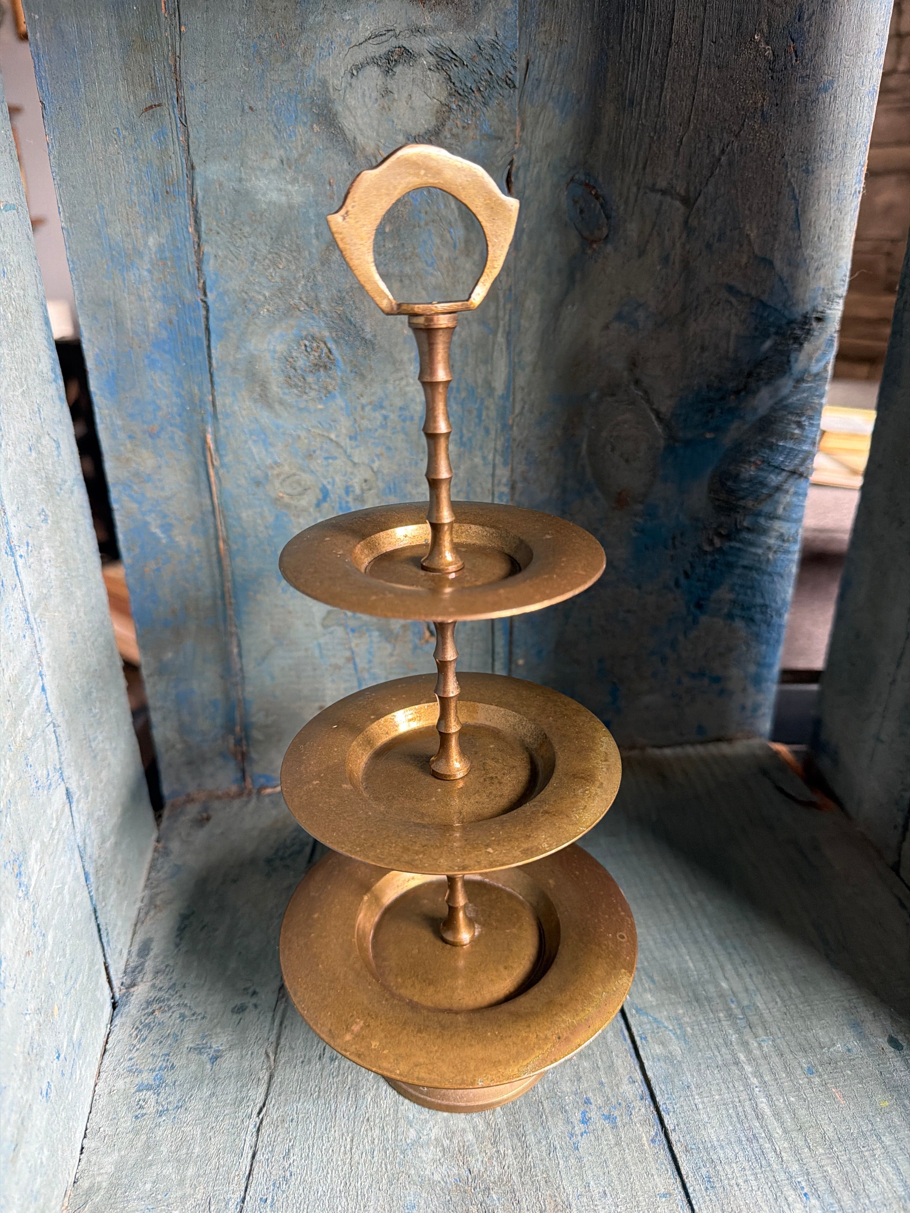 Vintage Brass 3 Tier Pedestal Display Stands Pair 11 Inch Made in India - Thumbnail 4
