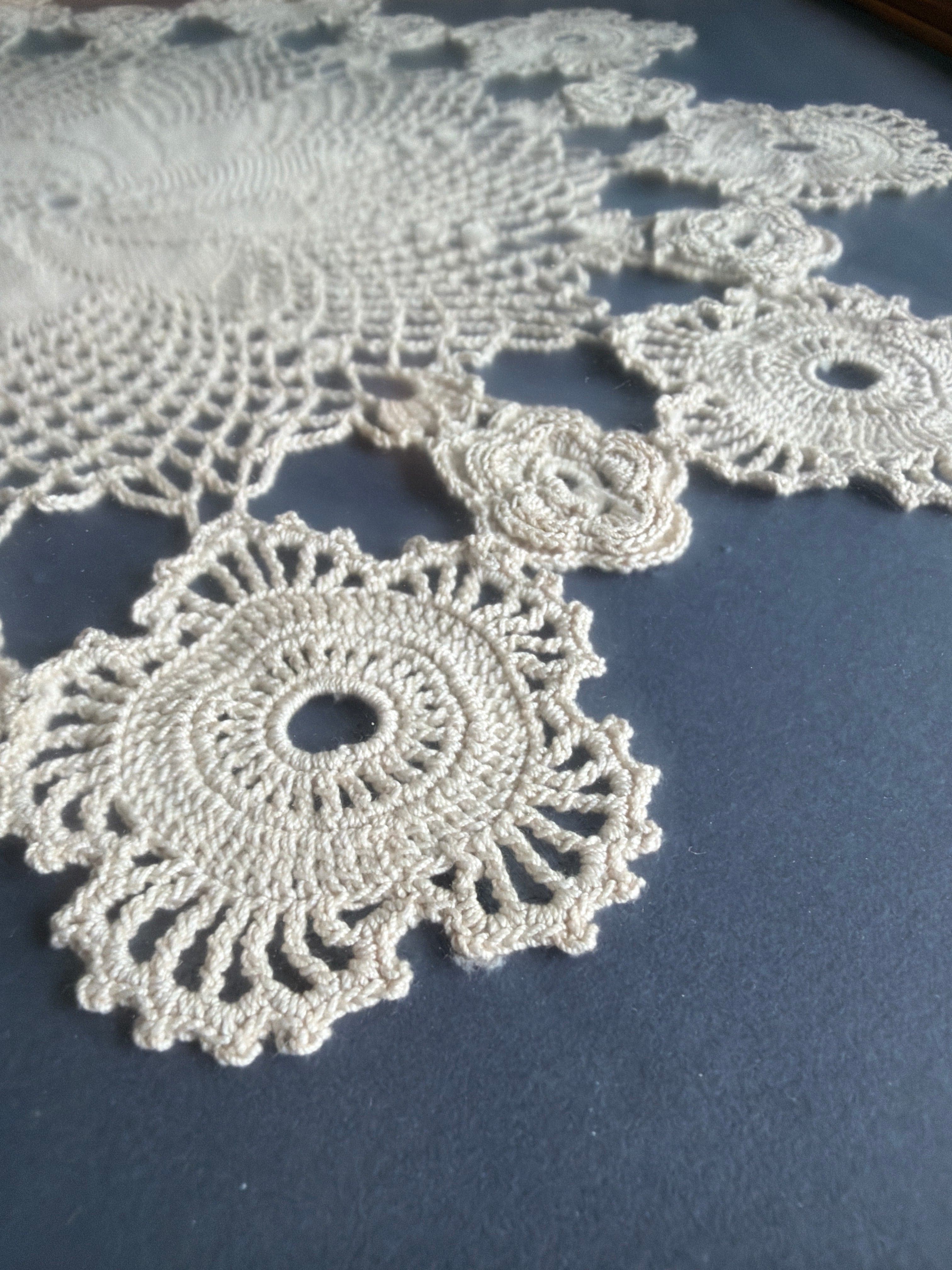 Framed Crochet Lace Doily Wall Art 18 Inch Square Vintage Textile Decor - Thumbnail 2