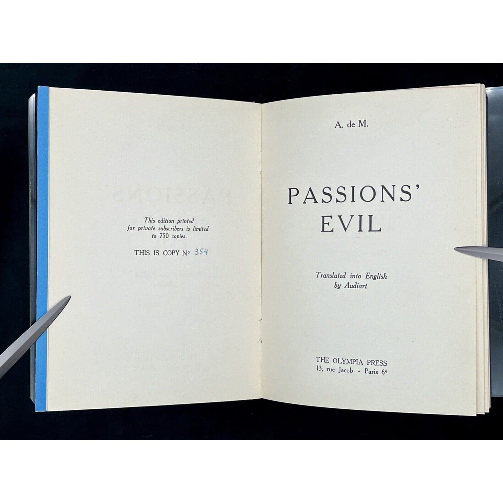 Passions Evil First Edition - Alfred De Musset Novel | Olympia Press Limited Copy - Thumbnail 3