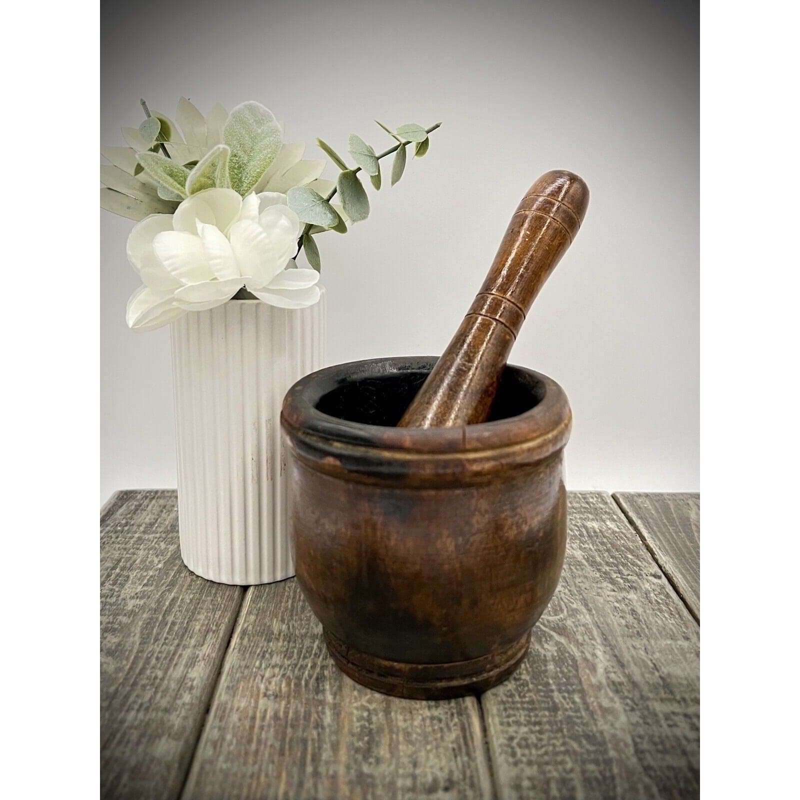 Antique Dark Hardwood Mortar and Pestle Treenware Set - Thumbnail 3