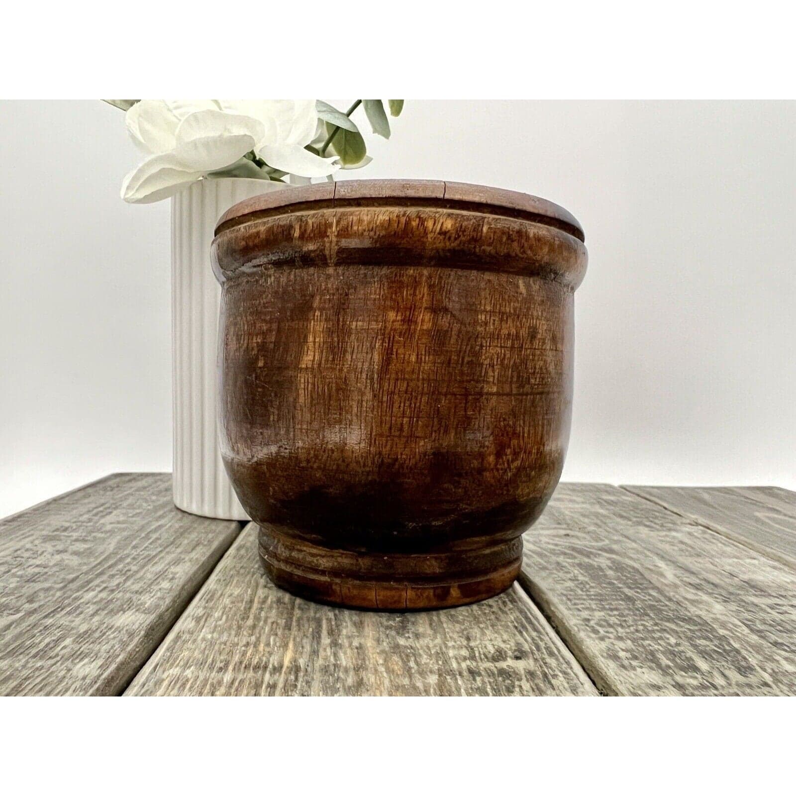 Antique Dark Hardwood Mortar and Pestle Treenware Set - Thumbnail 4