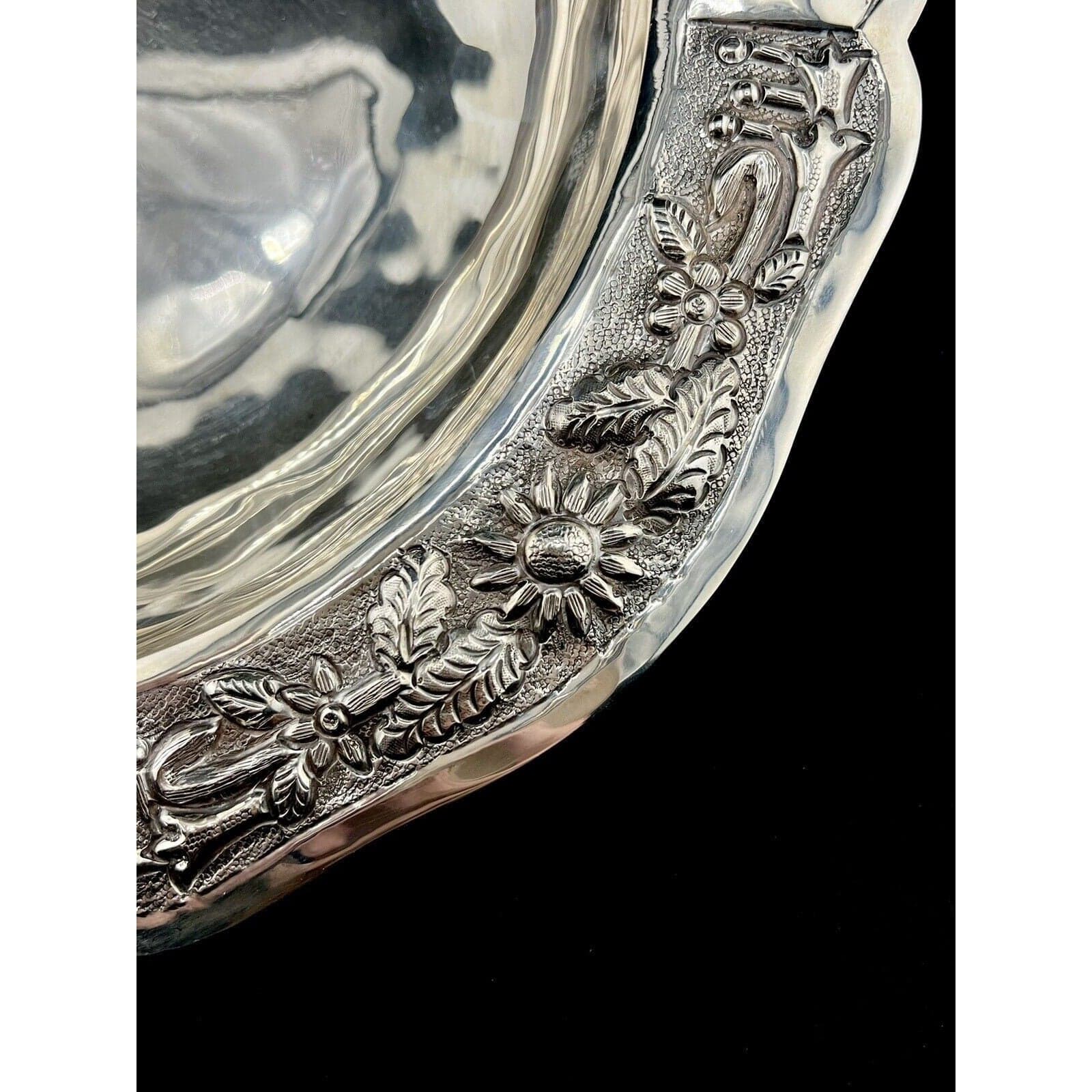 Maciel Sterling Silver Serving Bowl Floral Repoussé Mexico 0.925 Large Round Bowl - Thumbnail 5