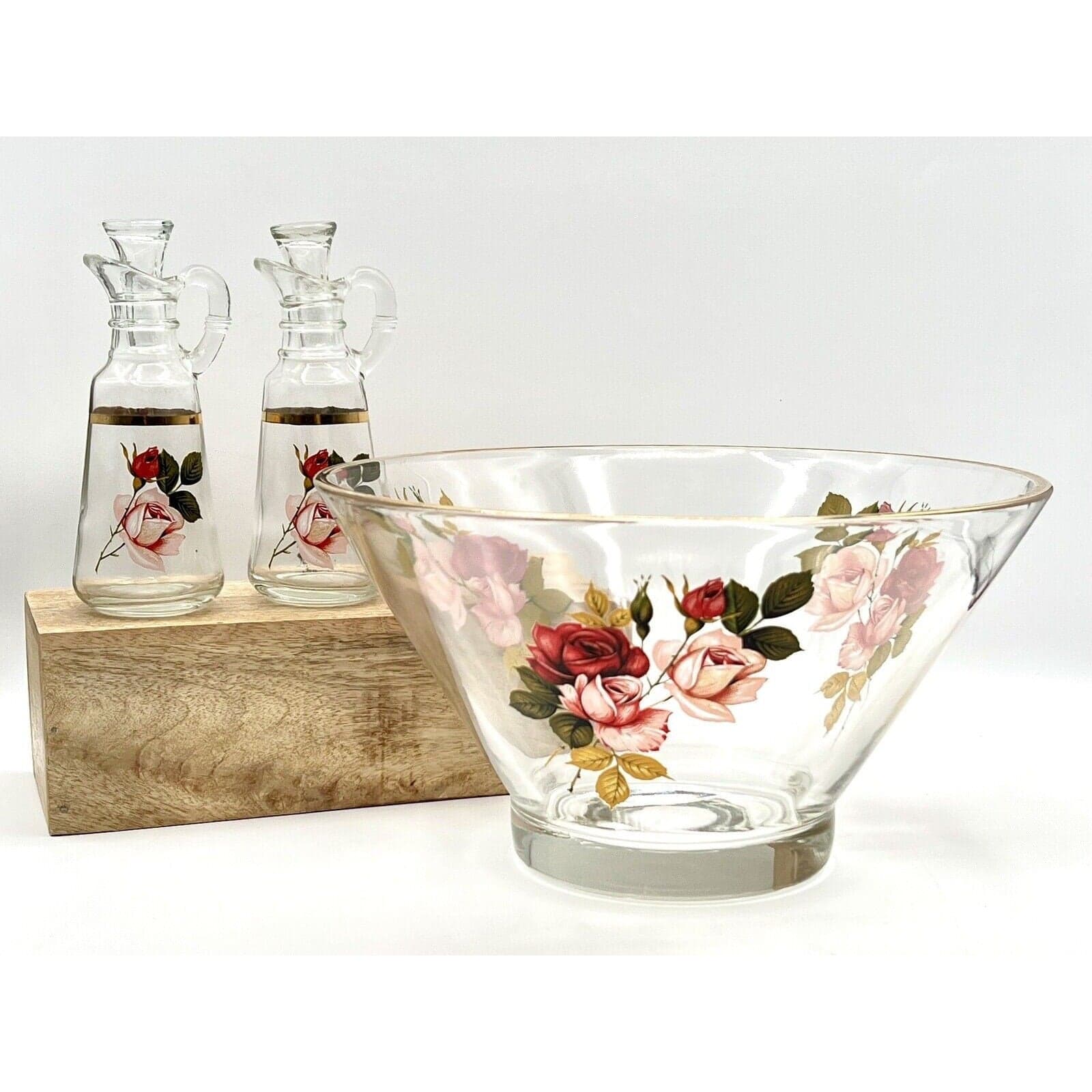 Vintage West Virginia Glass Radiant Rose 3-Piece Salad Bowl and Cruet Set - Image 1