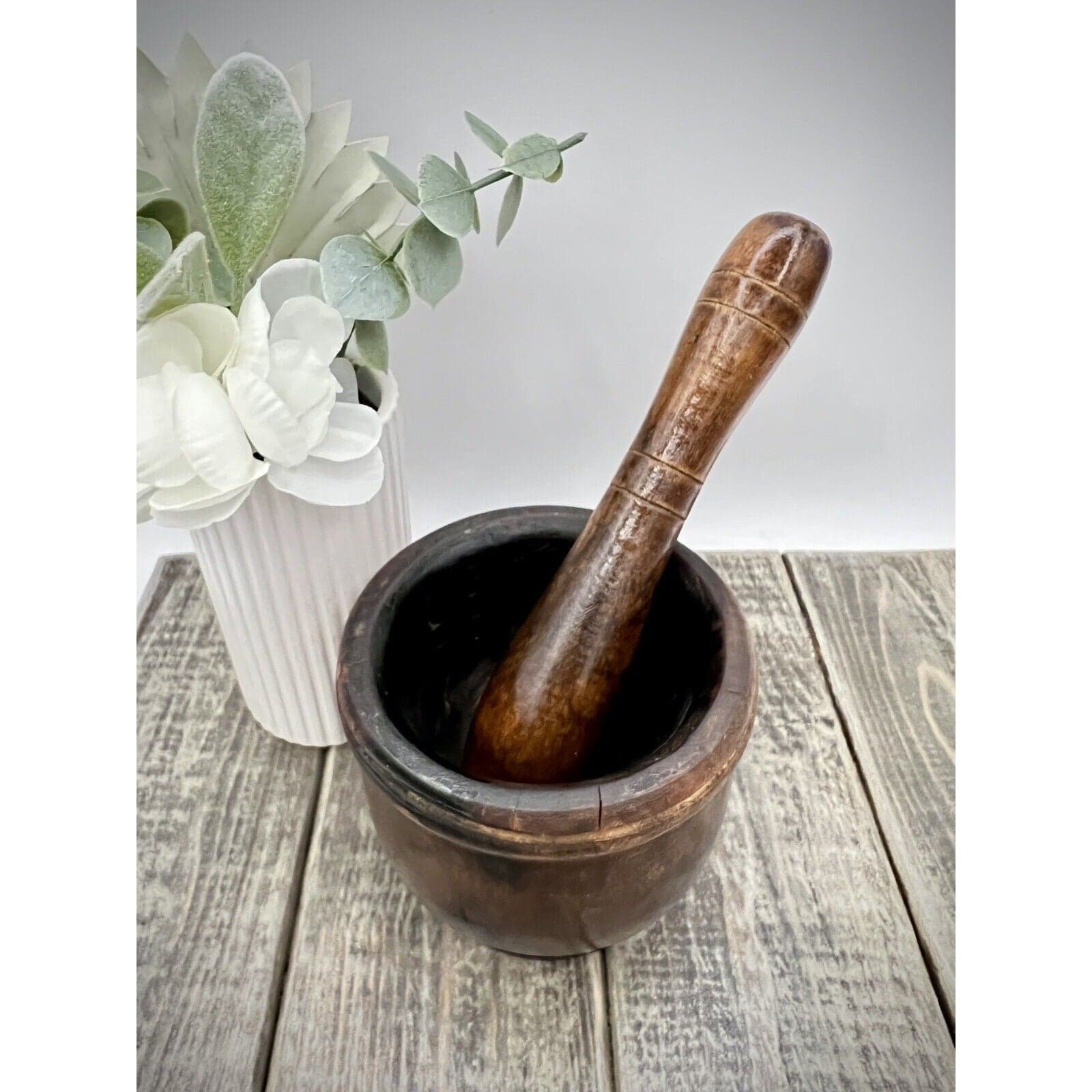 Antique Dark Hardwood Mortar and Pestle Treenware Set - Thumbnail 5