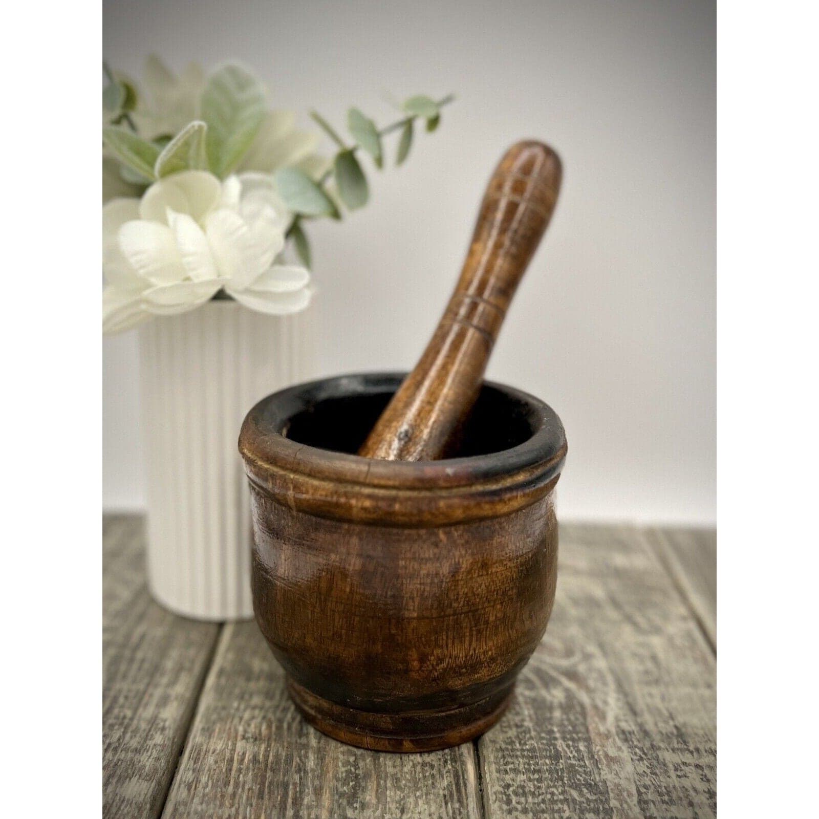 Antique Dark Hardwood Mortar and Pestle Treenware Set - Thumbnail 2