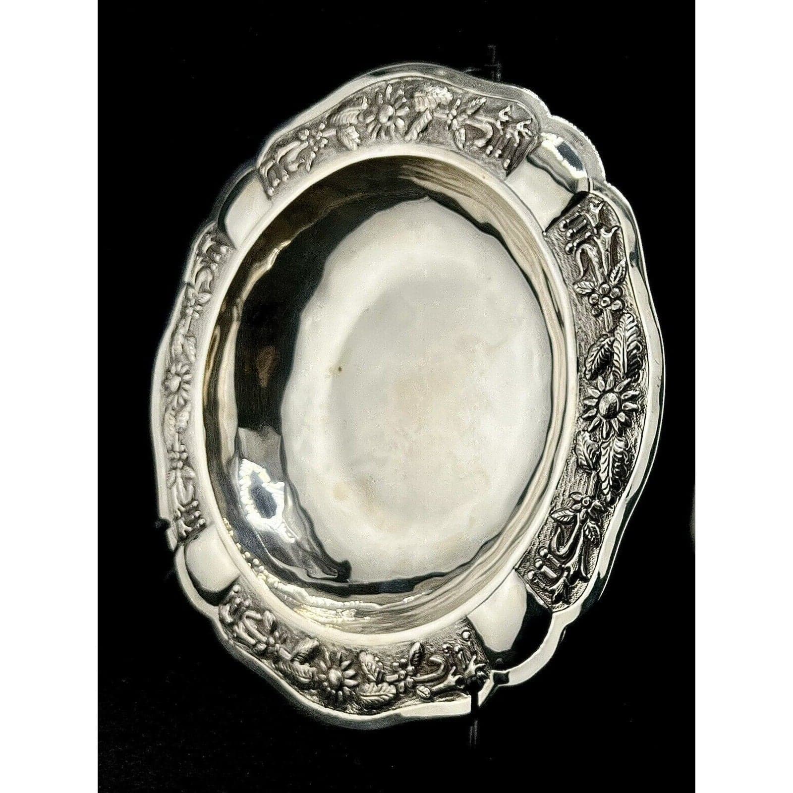 Maciel Sterling Silver Serving Bowl Floral Repoussé Mexico 0.925 Large Round Bowl - Thumbnail 2