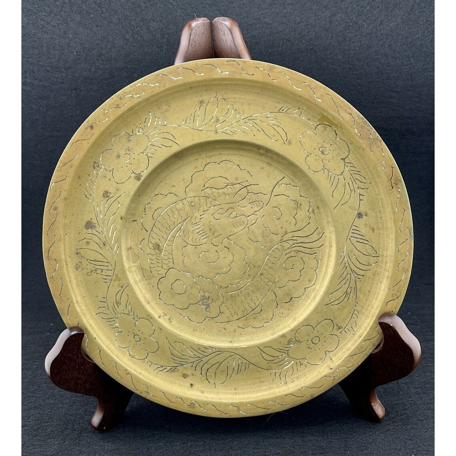 Antique Chinese Hand-Engraved Brass Dragon Plate - 8" Diameter - Thumbnail 2