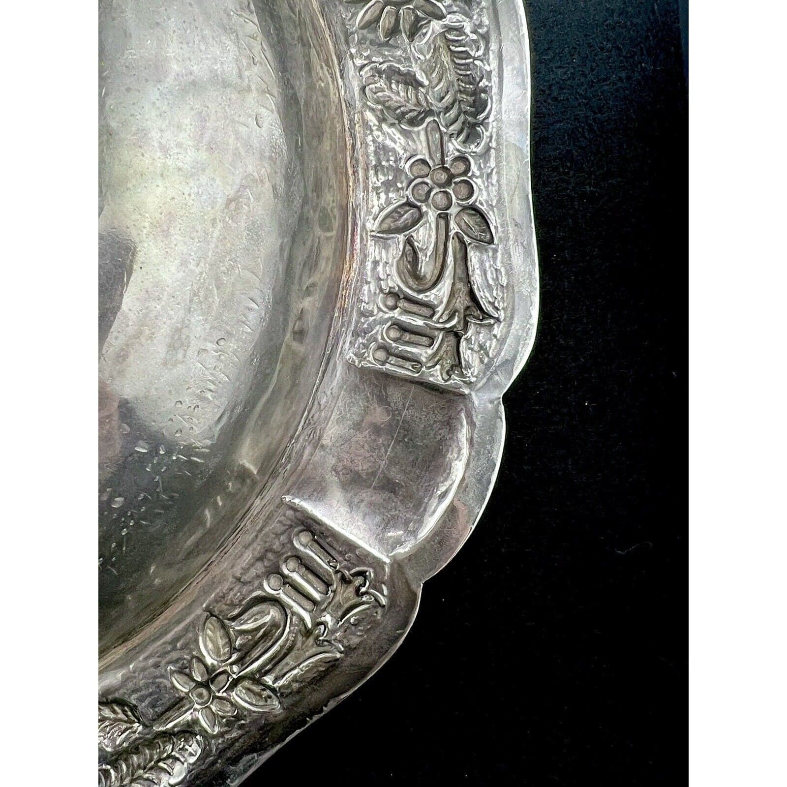 Maciel Sterling Silver Serving Bowl Floral Repoussé Mexico 0.925 Large Round Bowl - Thumbnail 8