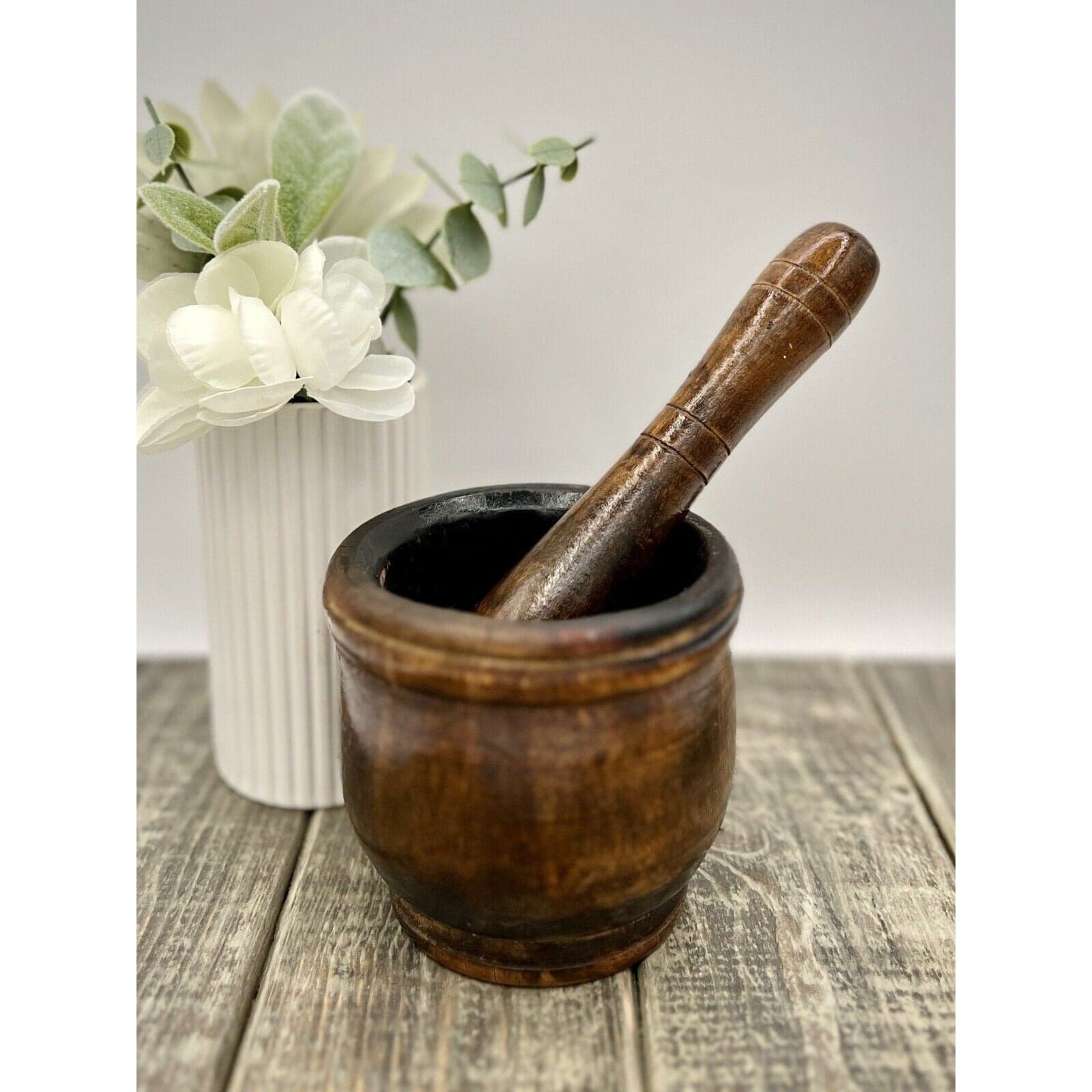 Antique Dark Hardwood Mortar and Pestle Treenware Set - Image 1