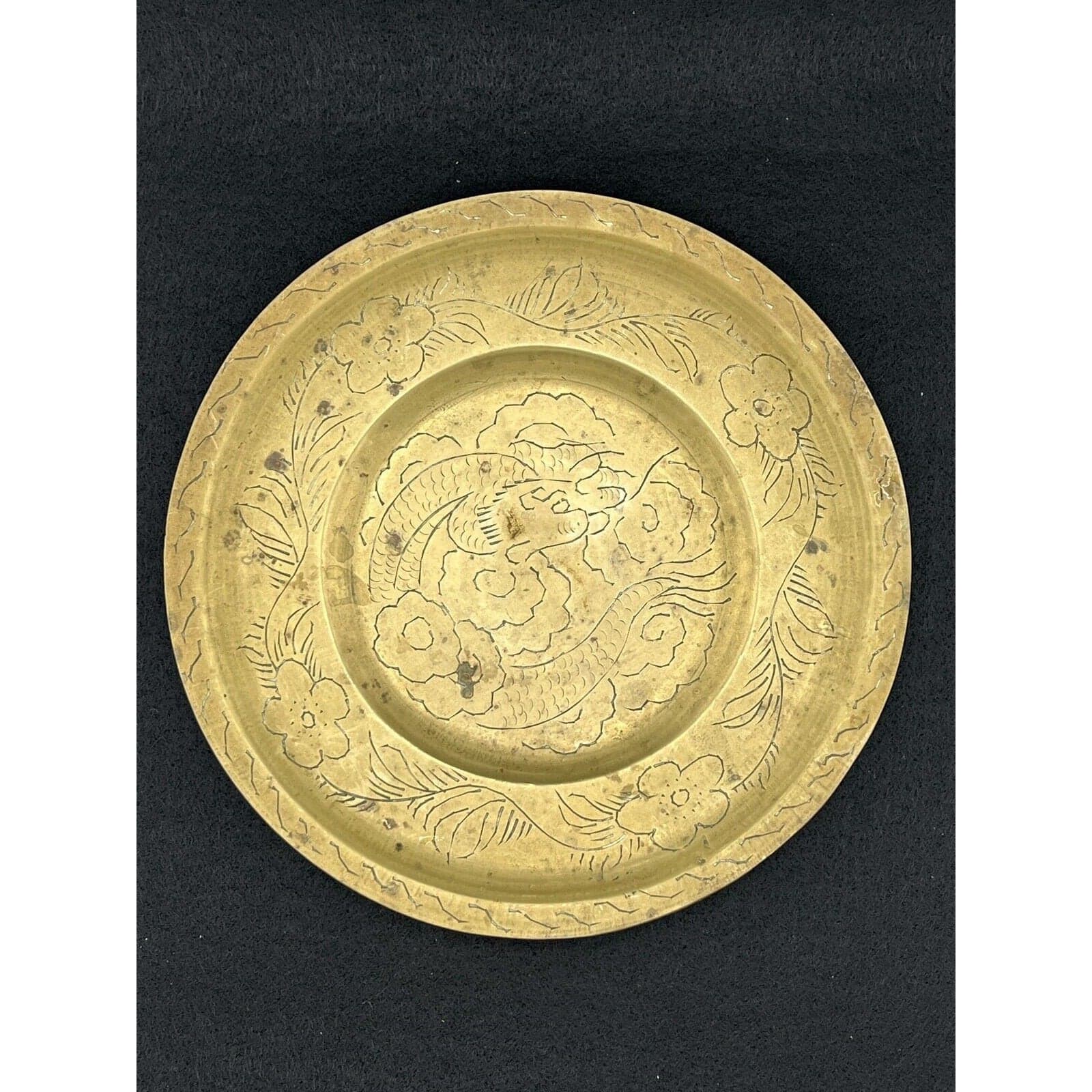 Antique Chinese Hand-Engraved Brass Dragon Plate - 8" Diameter - Image 1