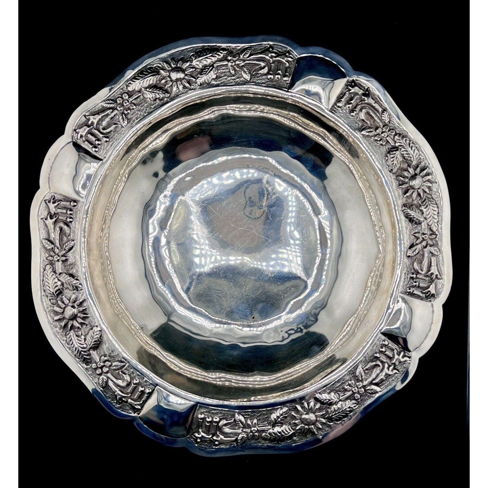 Maciel Sterling Silver Serving Bowl Floral Repoussé Mexico 0.925 Large Round Bowl - Thumbnail 4