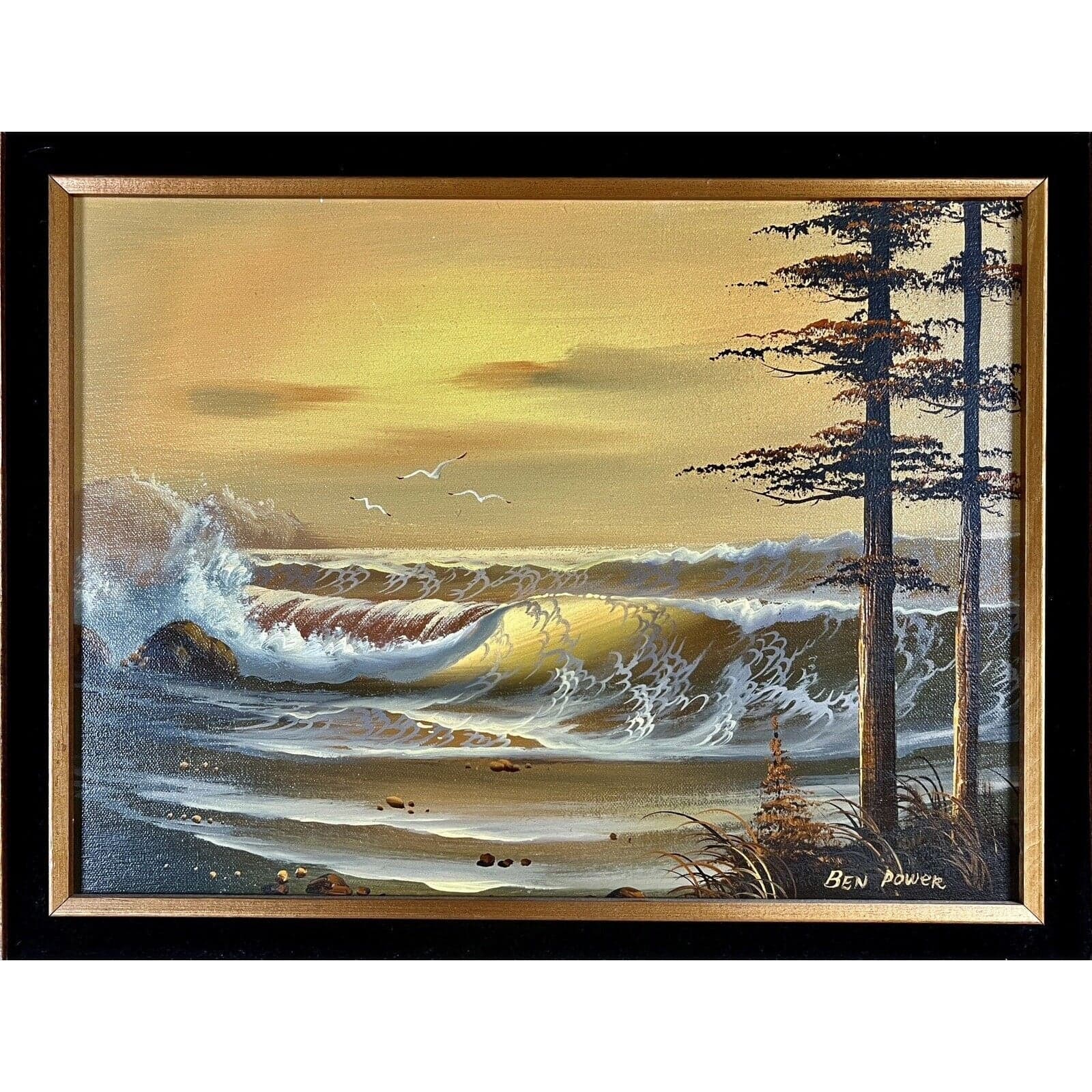 Oil Painting On Canvas Sunset Ocean By Ben Power Original Framed - Thumbnail 2
