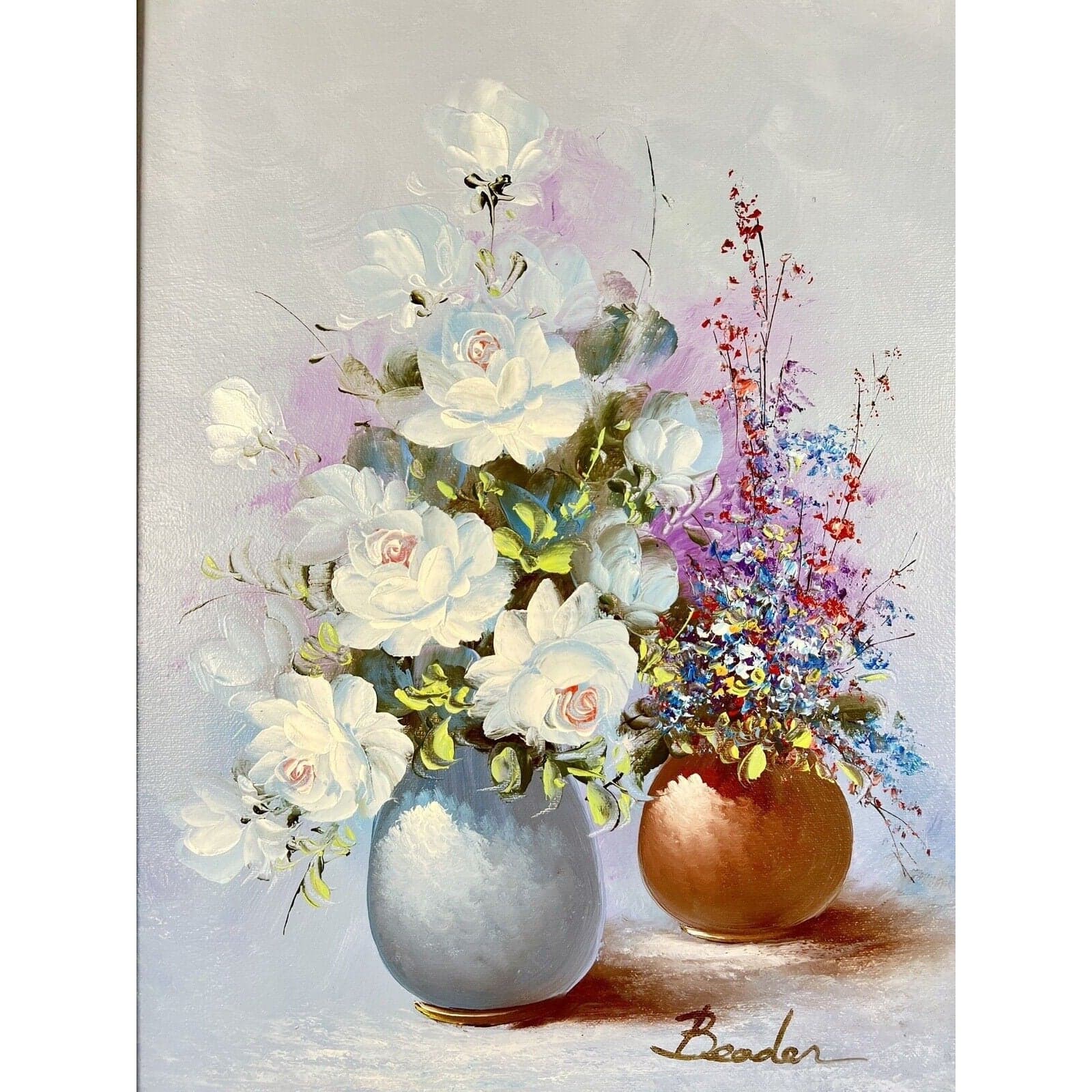 Beader Framed Oil on Canvas of Flowers in a Vase - Thumbnail 5