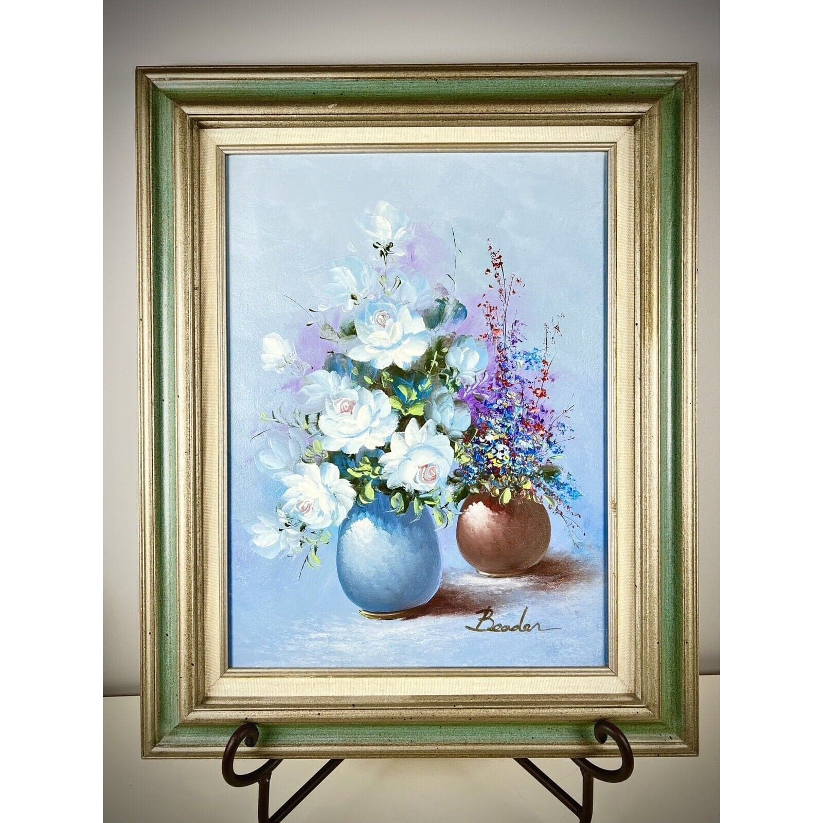 Beader Framed Oil on Canvas of Flowers in a Vase - Image 1
