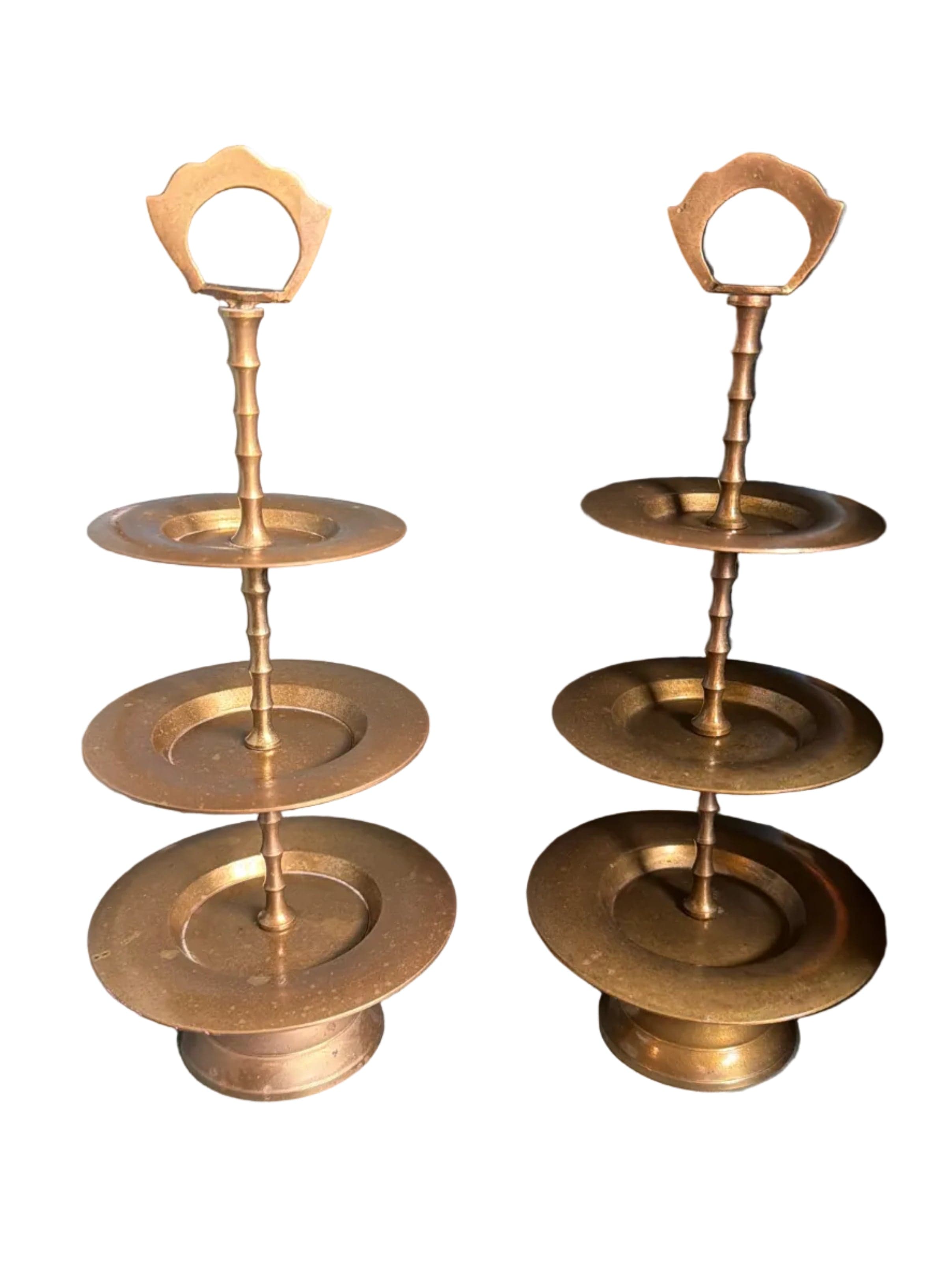 Vintage Brass 3 Tier Pedestal Display Stands Pair 11 Inch Made in India