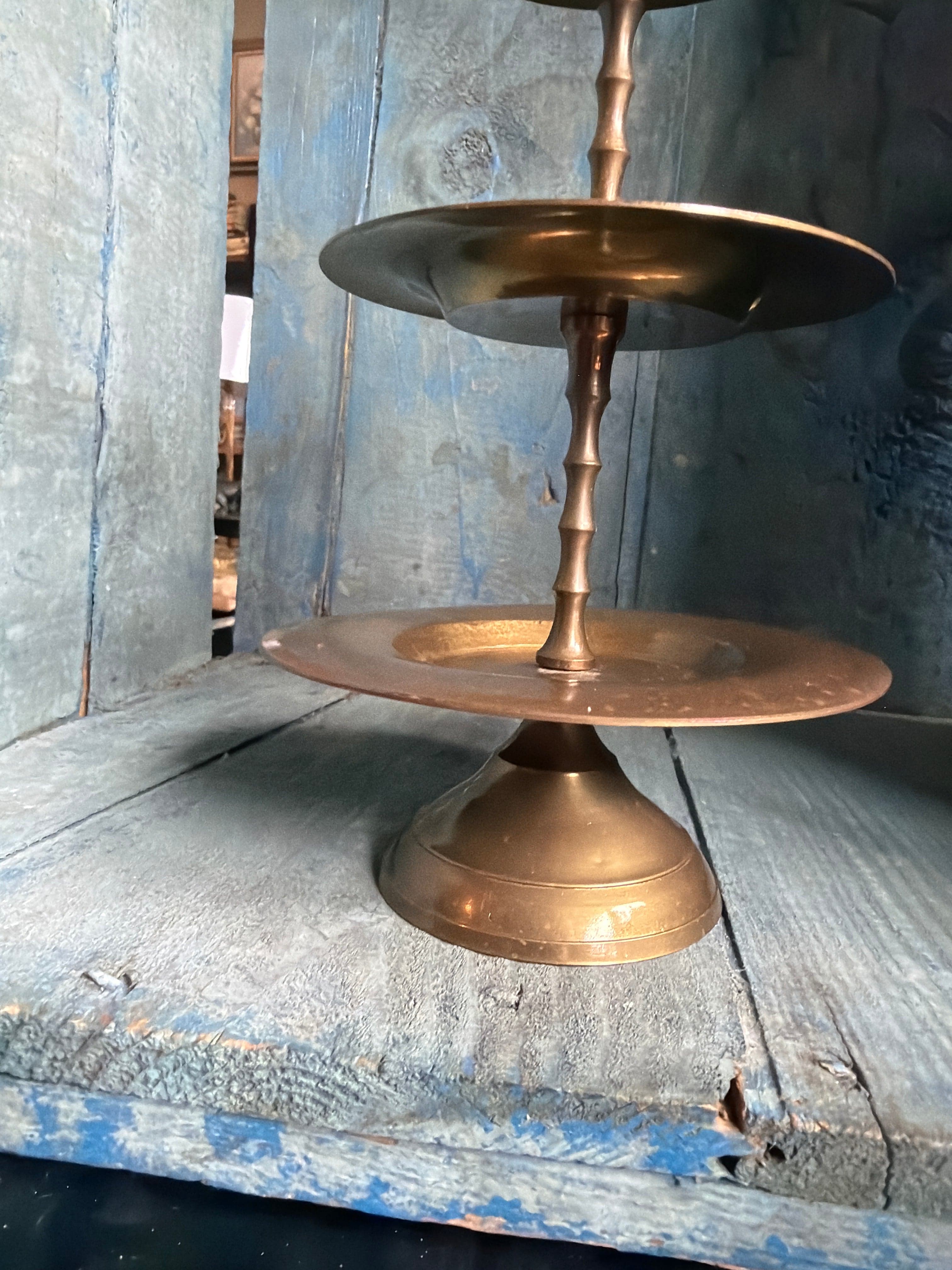 Vintage Brass 3 Tier Pedestal Display Stands Pair 11 Inch Made in India - Thumbnail 2