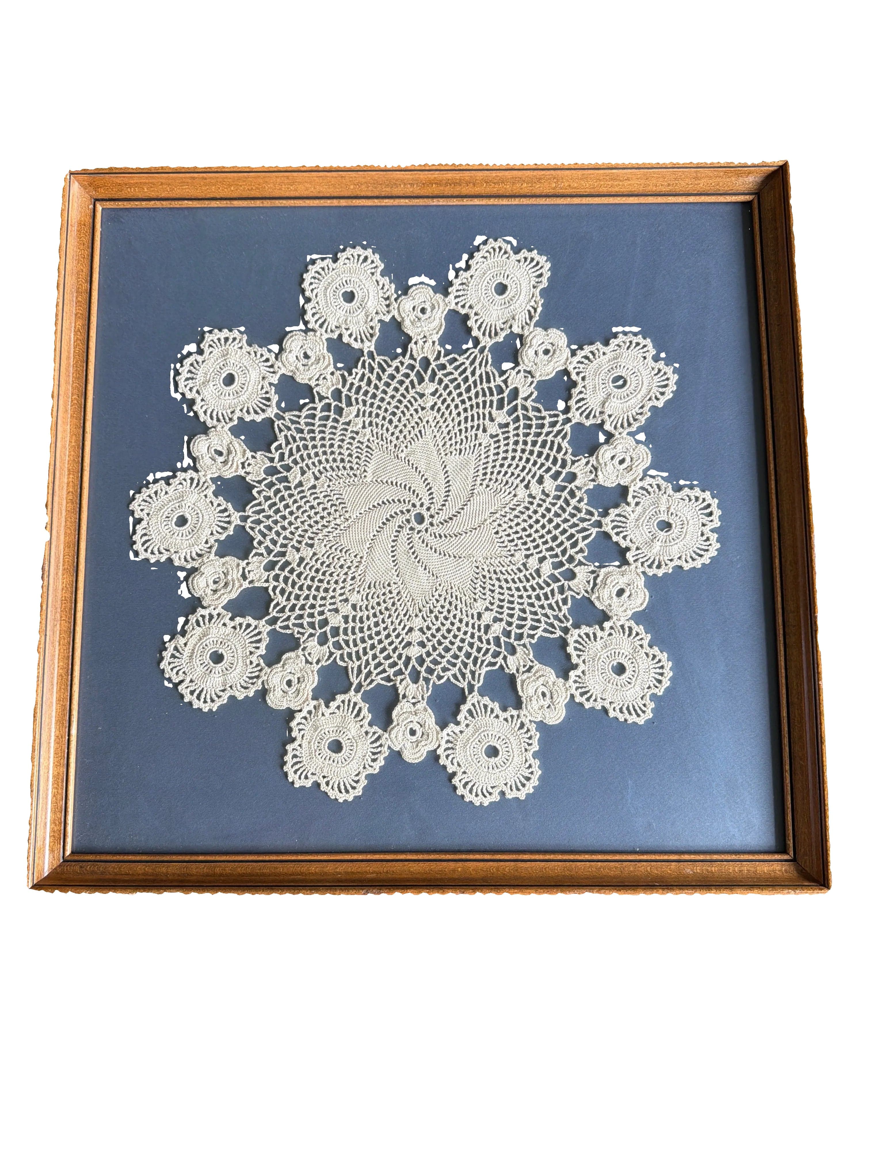 Framed Crochet Lace Doily Wall Art 18 Inch Square Vintage Textile Decor