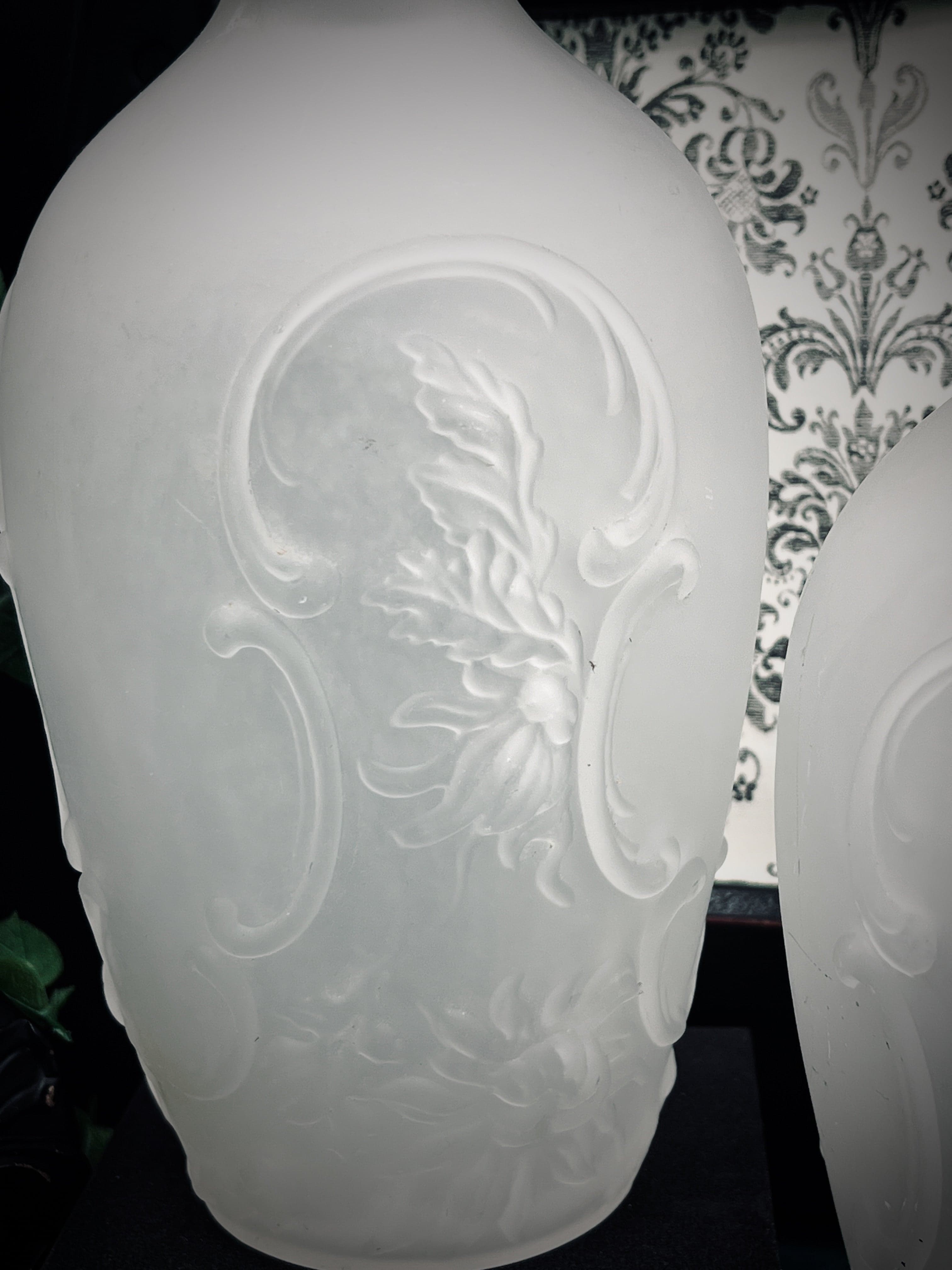 Antique Portieux Vallerysthal French Camphor Glass Vases Pair Relief Floral 8" - Thumbnail 2