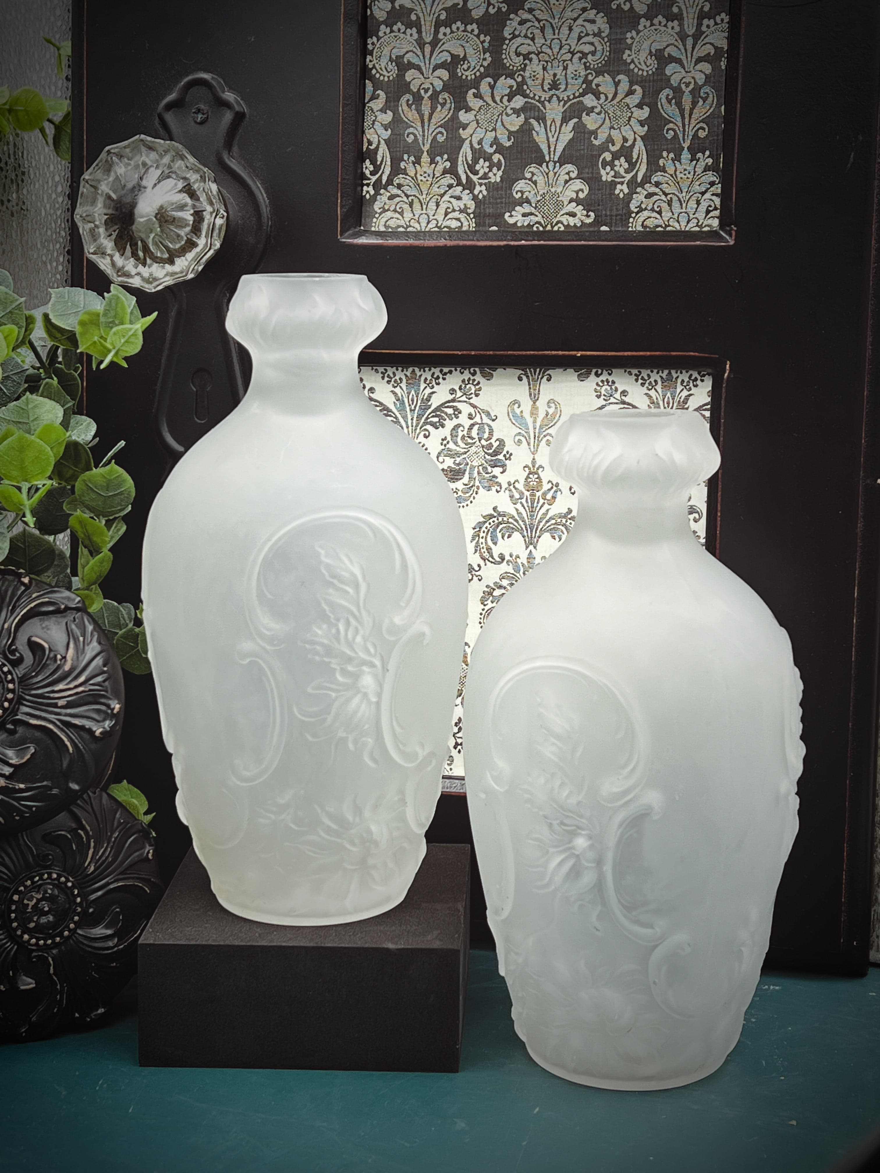 Antique Portieux Vallerysthal French Camphor Glass Vases Pair Relief Floral 8"