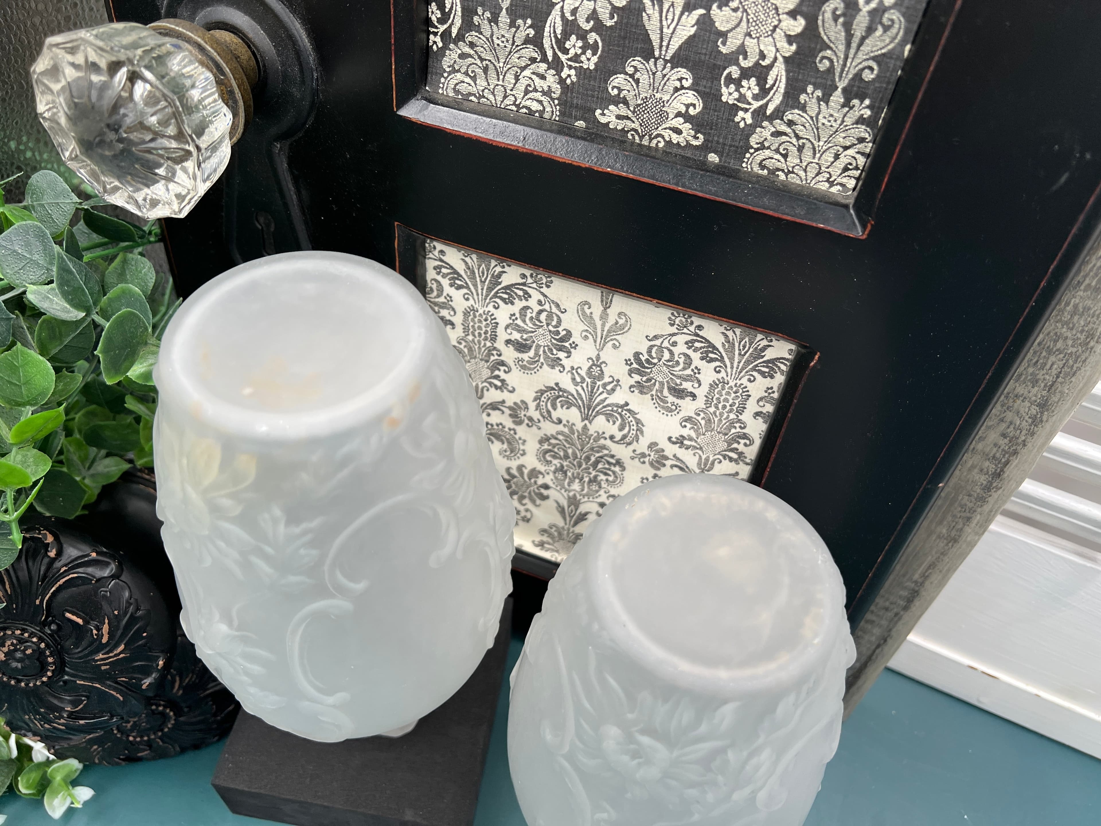 Antique Portieux Vallerysthal French Camphor Glass Vases Pair Relief Floral 8" - Thumbnail 7