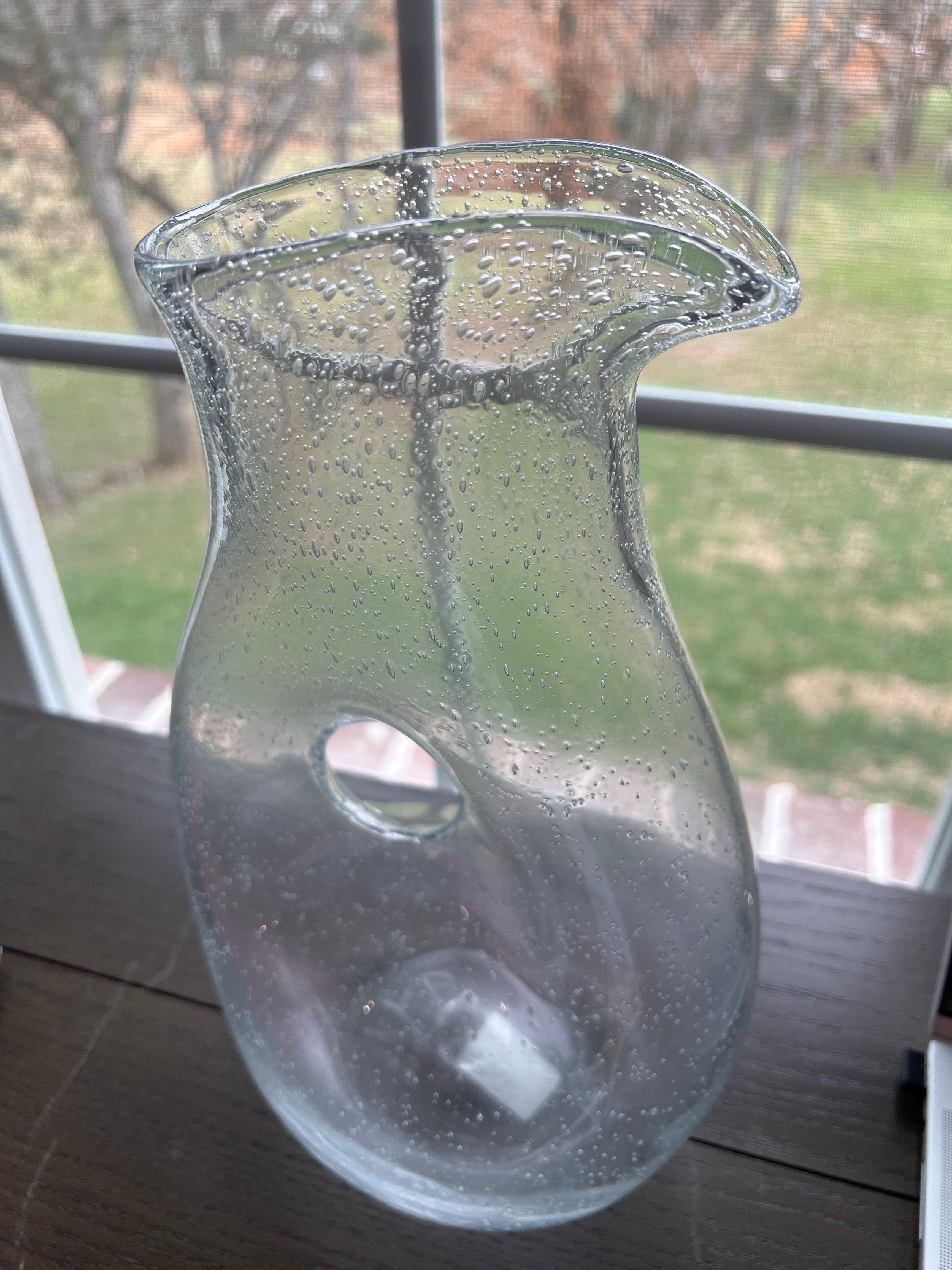 Hand Blown Clear Bubble Glass Pitcher with Thumb Hole Handle - Image 1