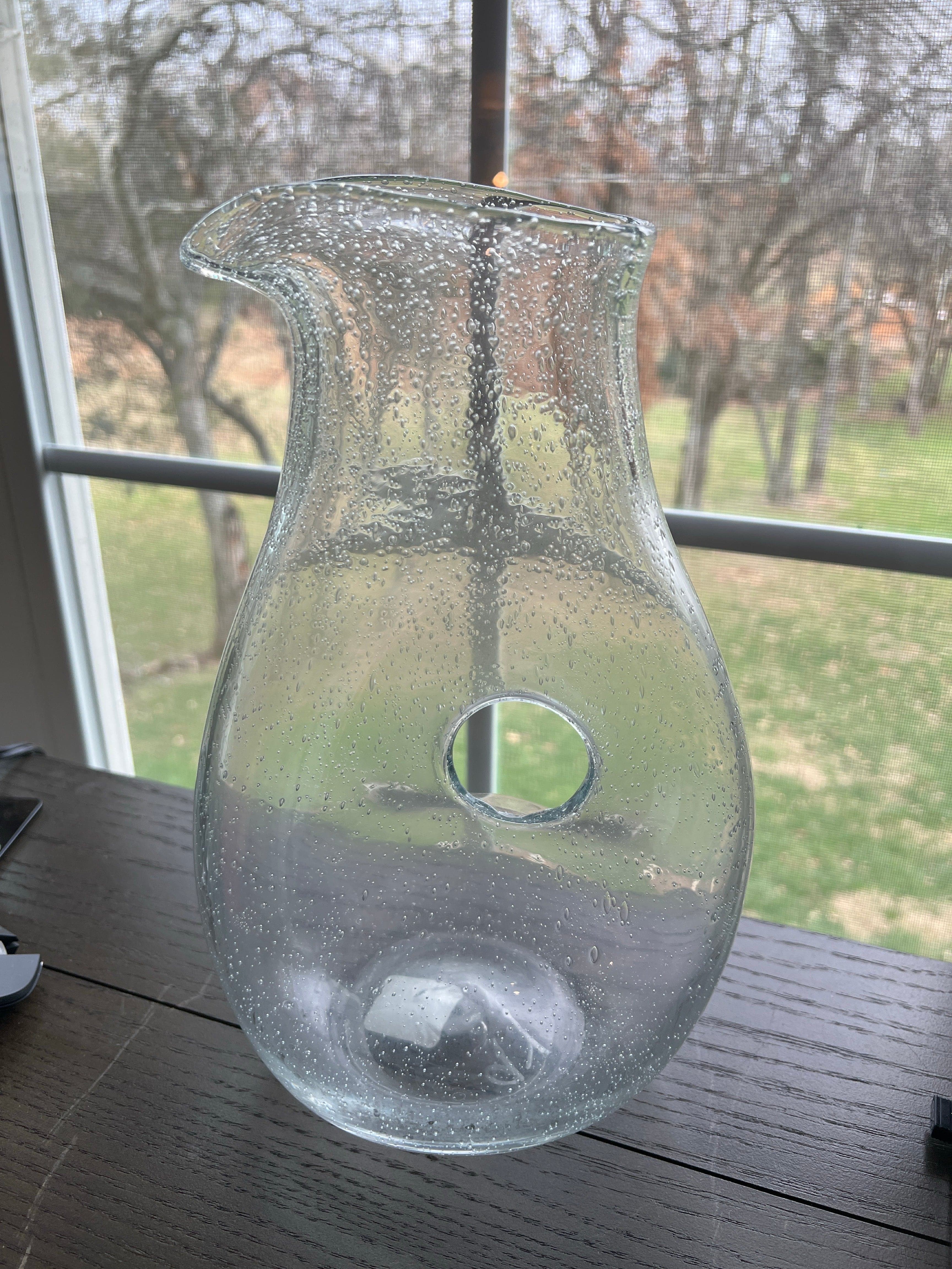 Hand Blown Clear Bubble Glass Pitcher with Thumb Hole Handle - Thumbnail 3