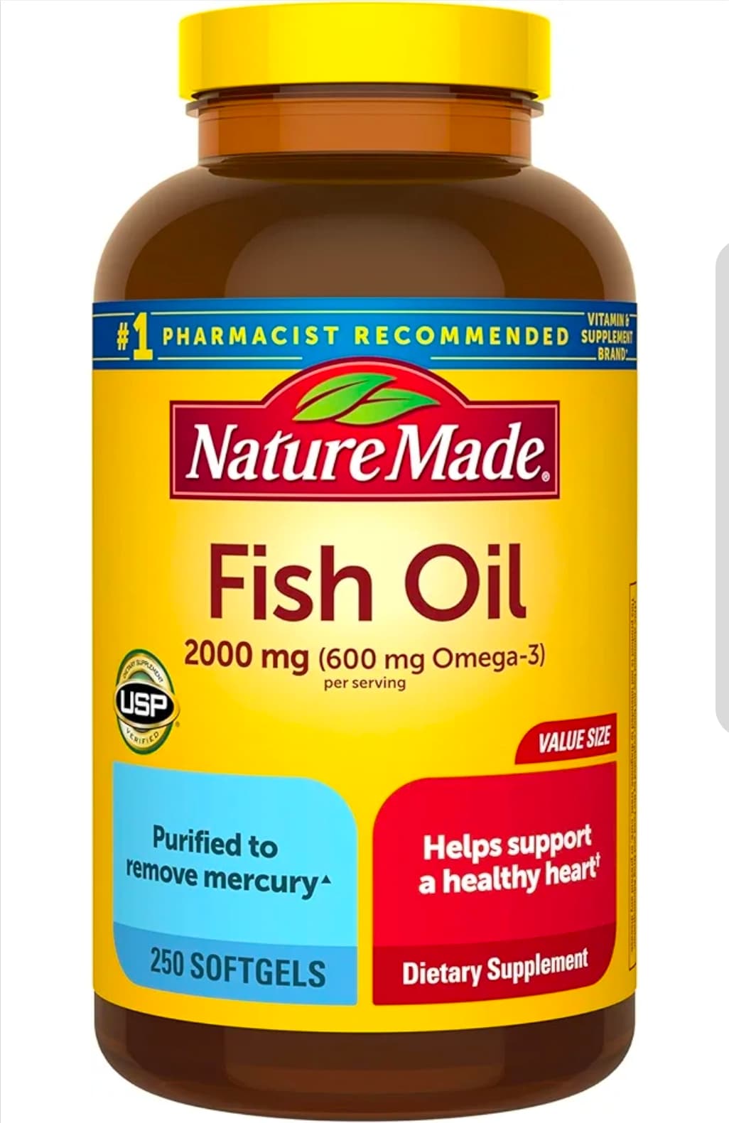 Nature Made Fish Oil 2000 mg 250 Softgels Omega-3 Supplement - Image 1