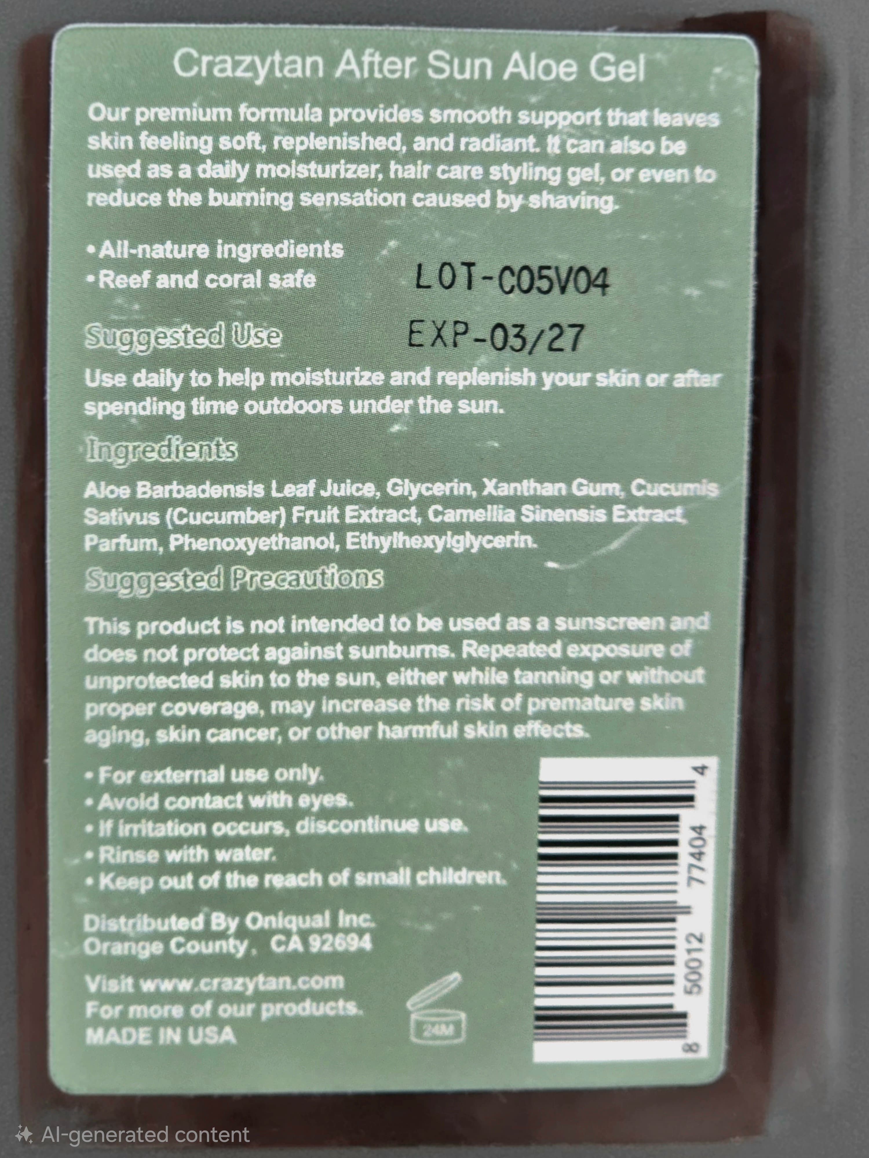 Crazy Tan After Sun Aloe Gel 8 fl oz All-Natural Ingredients - Thumbnail 3