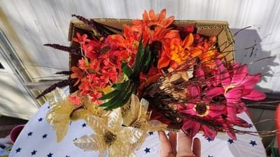 Mixed Artificial Flowers Bundle Orange Pink Red Gold Plastic Fabric - Image 1
