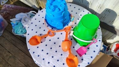 Blue & Green Sand Bucket Set with Orange & Pink Shovels Sandbox Toy - Image 1