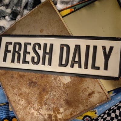 Vintage FRESH DAILY General Store Enamel Tin Sign 20" x 5" EUC - Image 1