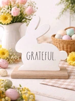 NEW Rae Dunn ‘GRATEFUL’ White Bunny Wood Decoration - Size 9x9 - Image 1