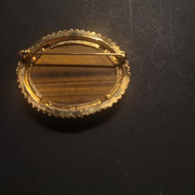 Large Vintage 1970s Tiger's Eye Gemstone Brooch - 2 Inch Gold Tone - Thumbnail 2