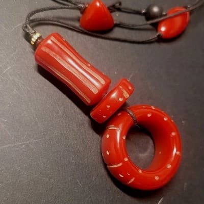 Vintage Carved Cherry Amber Bakelite Necklace Abstract Mid Century Modernist - Thumbnail 6