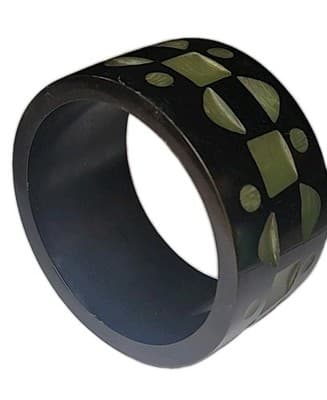 Wide Vintage Black Bakelite Bangle Bracelet Carved Green Geometric Design - Image 1