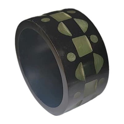 Wide Vintage Black Bakelite Bangle Bracelet Carved Green Geometric Design - Thumbnail 2