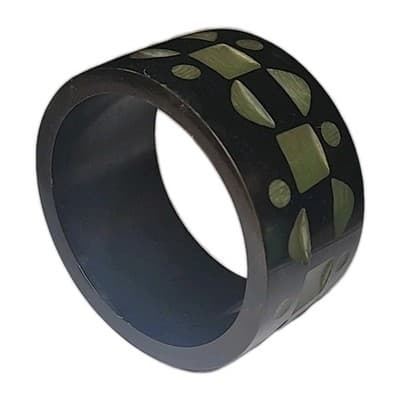 Wide Vintage Black Bakelite Bangle Bracelet Carved Green Geometric Design - Thumbnail 3