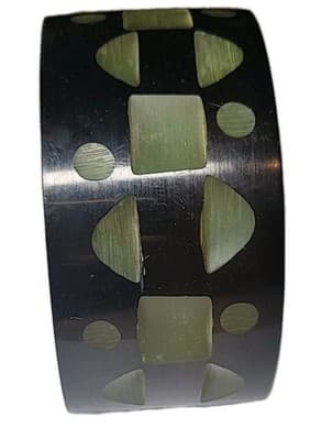 Wide Vintage Black Bakelite Bangle Bracelet Carved Green Geometric Design - Thumbnail 4