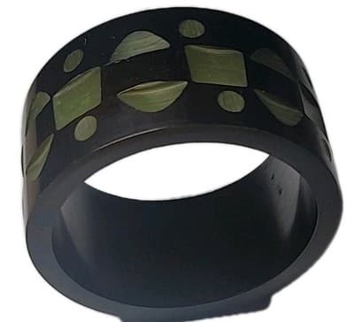 Wide Vintage Black Bakelite Bangle Bracelet Carved Green Geometric Design - Thumbnail 5