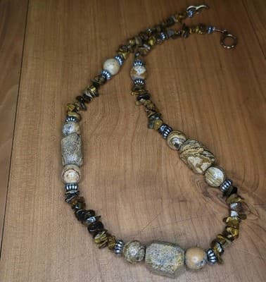 Handmade Tiger’s Eye & Picture Jasper Beaded Necklace | Earth Tone Stone Jewelry - Image 1