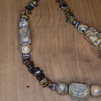 Handmade Tiger’s Eye & Picture Jasper Beaded Necklace | Earth Tone Stone Jewelry - Thumbnail 2