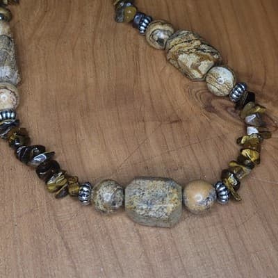 Handmade Tiger’s Eye & Picture Jasper Beaded Necklace | Earth Tone Stone Jewelry - Thumbnail 3